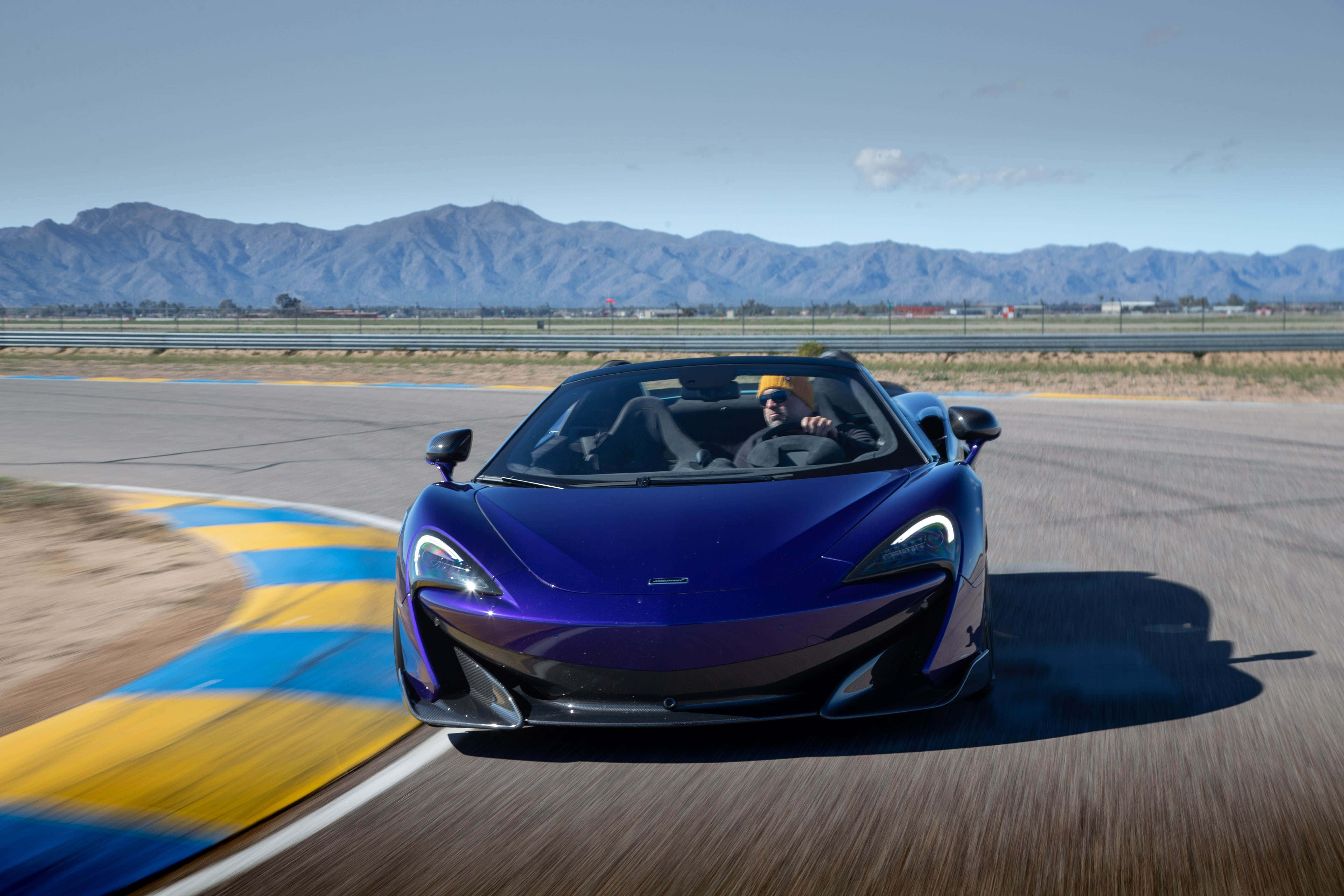 McLaren 600LT Spider, vibrant blue, racetrack corner, 5K Desktop Wallpaper