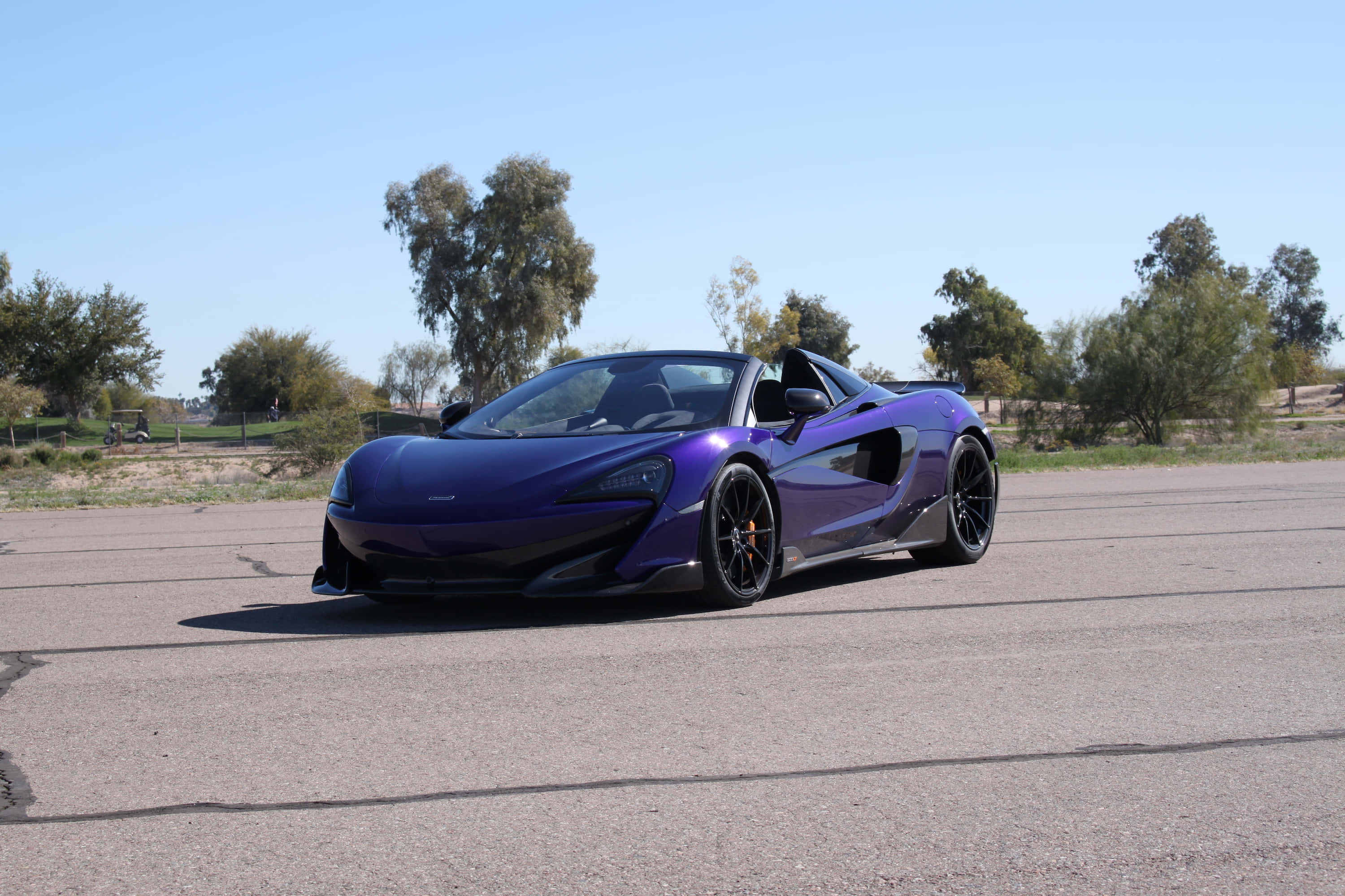 McLaren 600LT Spider, glossy purple, asphalt road, 2K Desktop Wallpaper