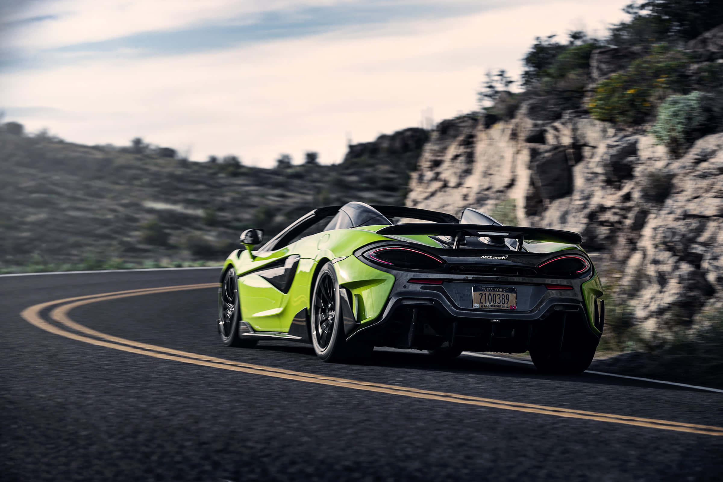 McLaren 600LT Spider, lime green, winding mountain road, Full HD Desktop Wallpaper