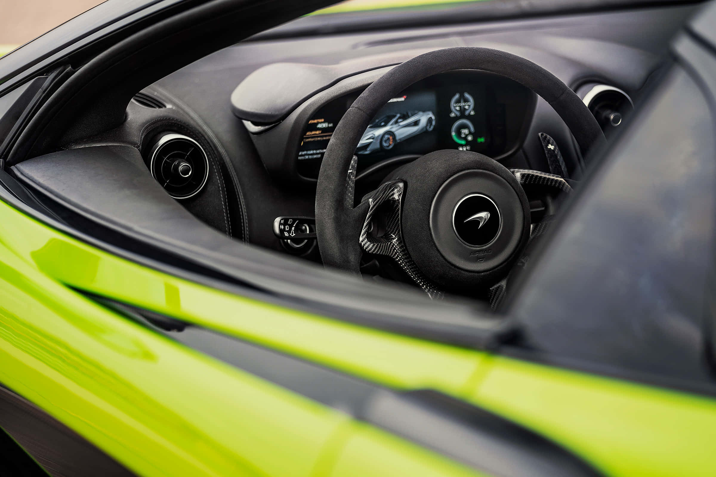 McLaren 600LT Spider, lime green, black carbon fiber steering wheel, Full HD Desktop Wallpaper