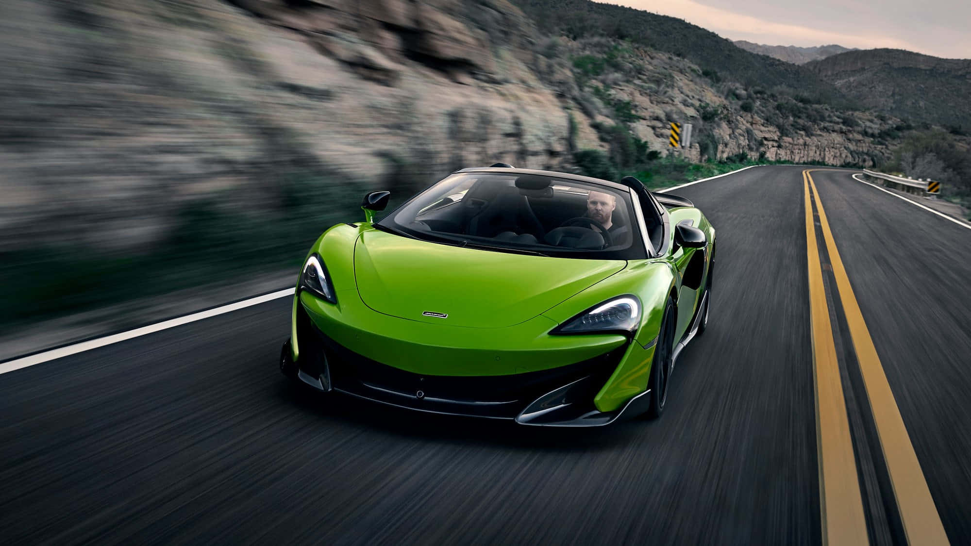 McLaren 600LT Spider, vibrant green, winding mountain road, Full HD Desktop Wallpaper