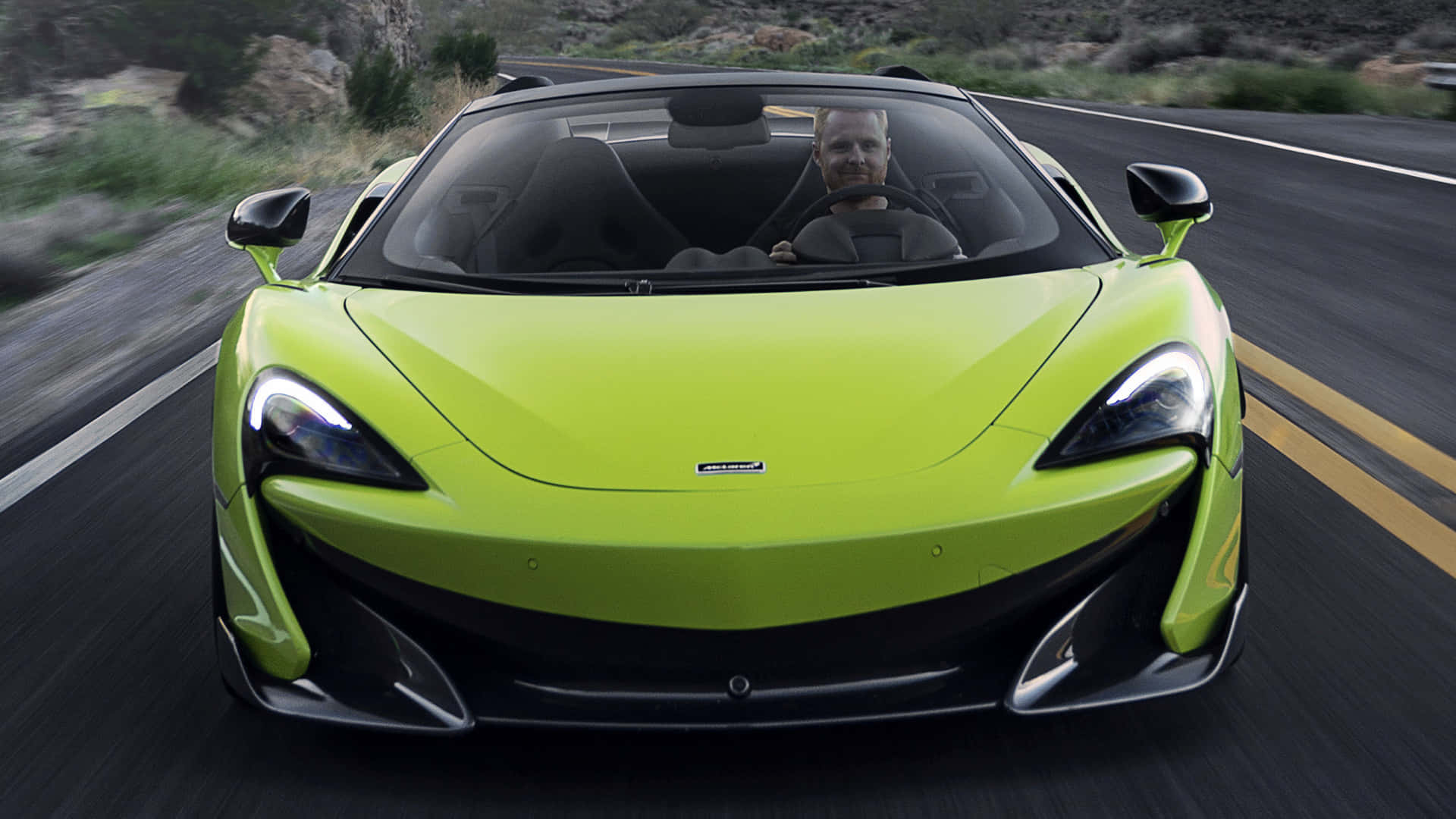 McLaren 600LT Spider, lime green, winding mountain road, Full HD Desktop Wallpaper