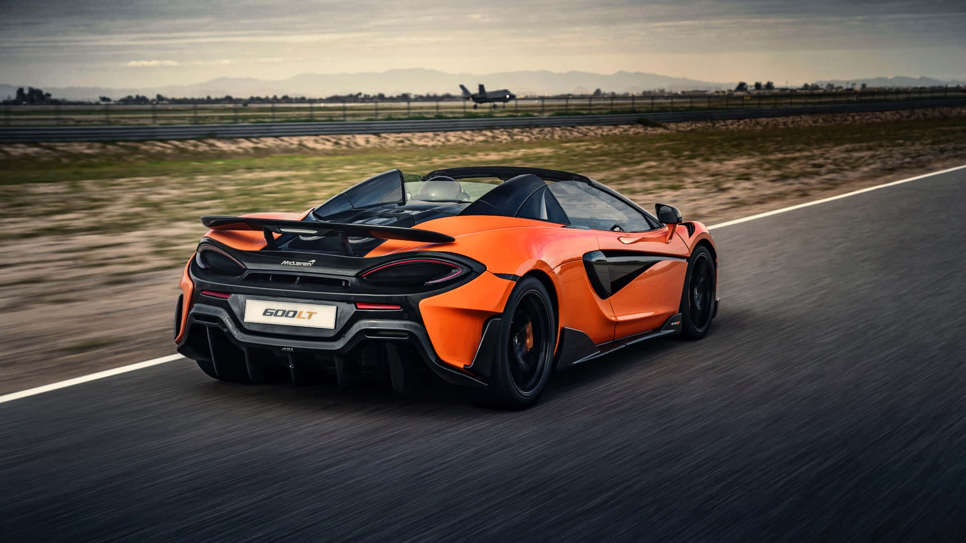 McLaren 600LT Spider, vibrant orange, runway, Full HD Desktop Wallpaper