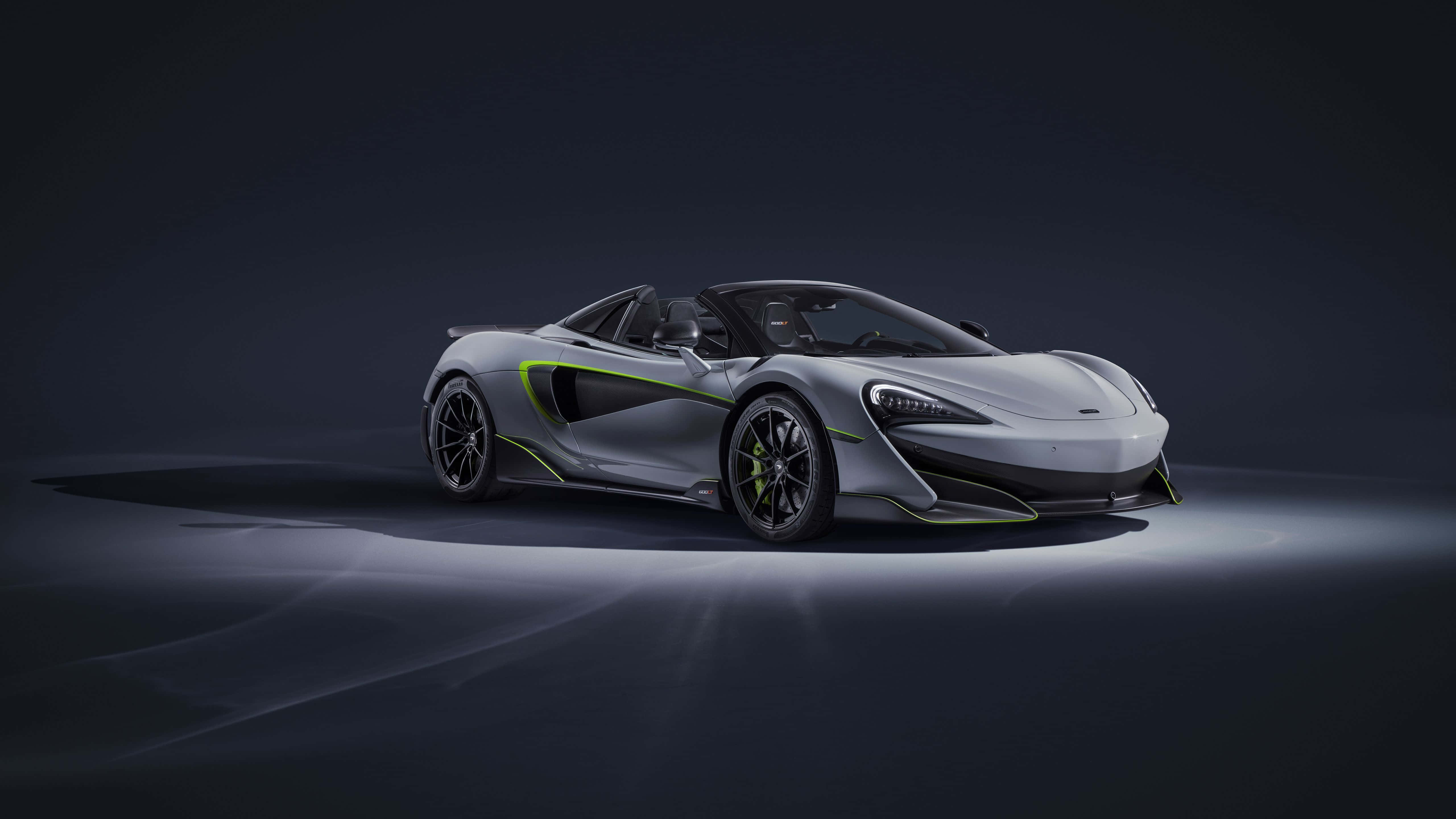 McLaren 600LT, silver, neon green accents, 5K Desktop Wallpaper
