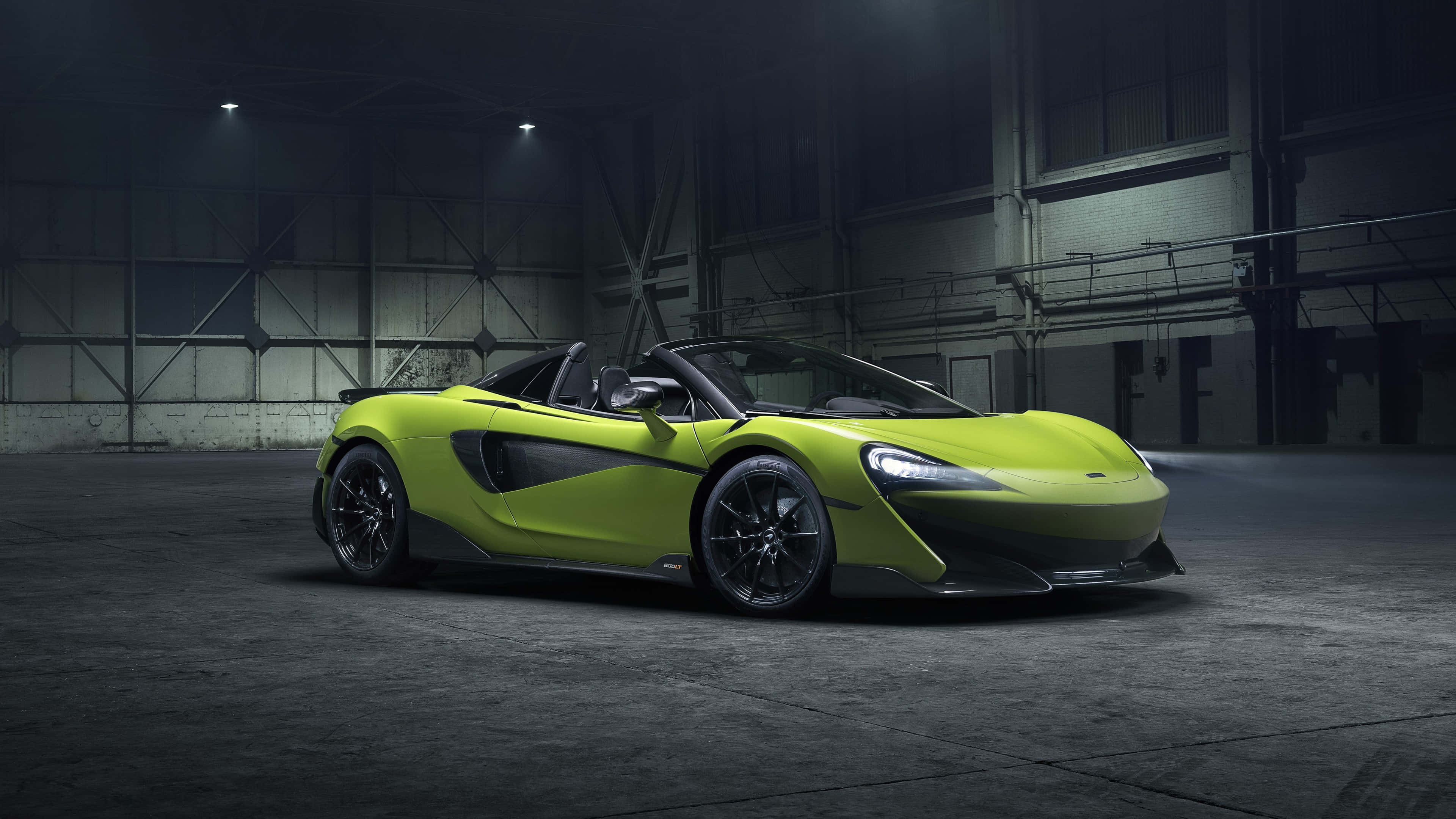 McLaren 600LT, lime green, spotlights, 4K Desktop Wallpaper