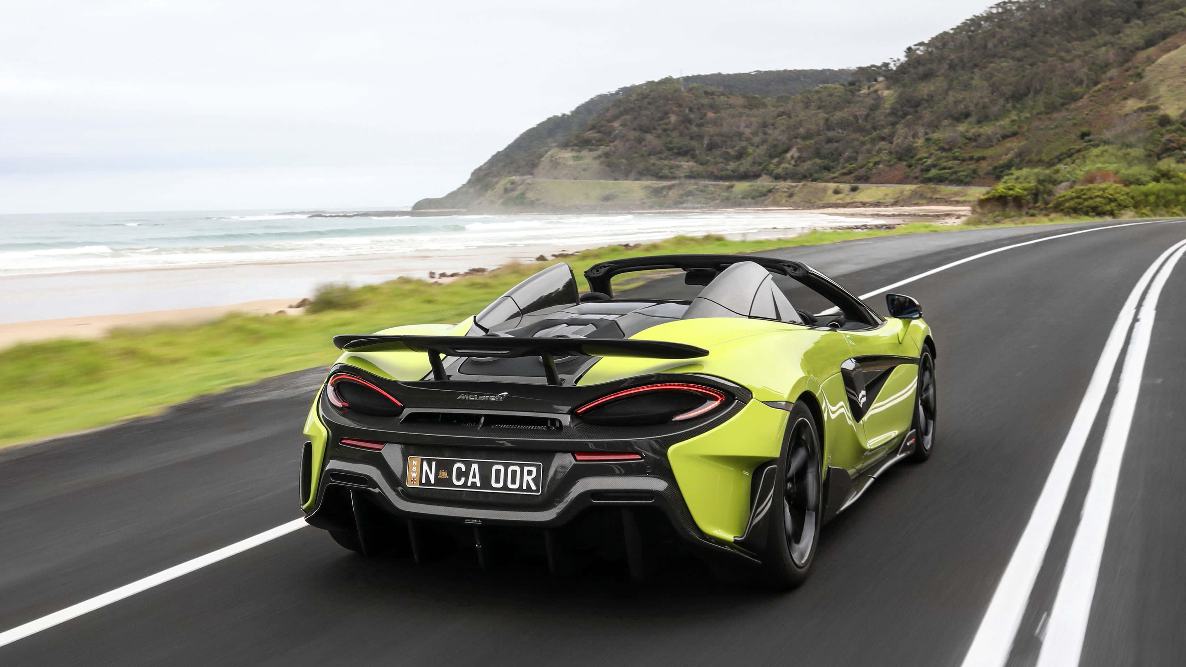 McLaren 600LT, lime green, coastal road, 4K Desktop Wallpaper