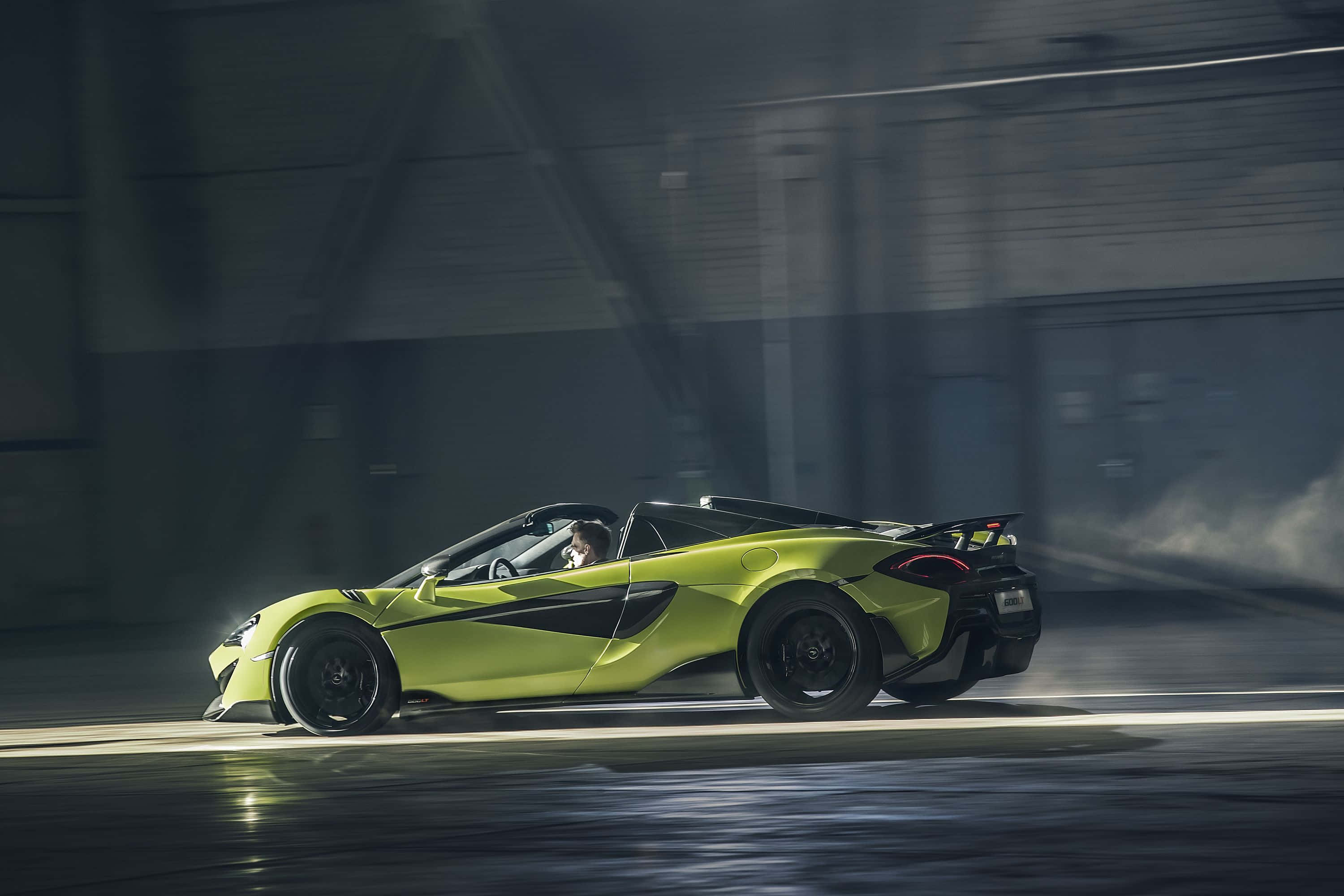 McLaren 600LT, lime green, industrial garage, 2K Desktop Wallpaper