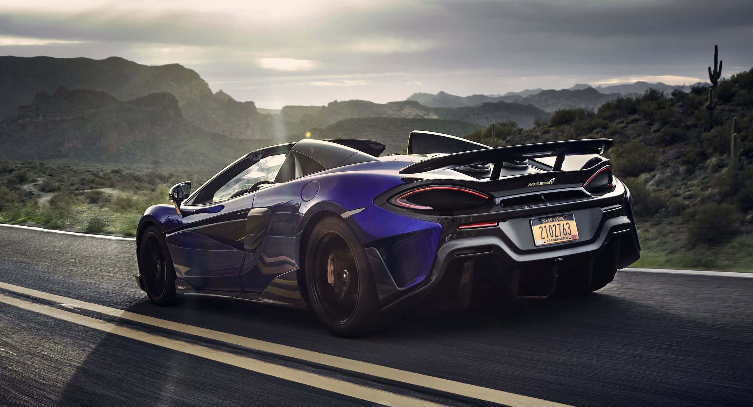 McLaren 600LT, vibrant purple, desert highway, 2K Desktop Wallpaper