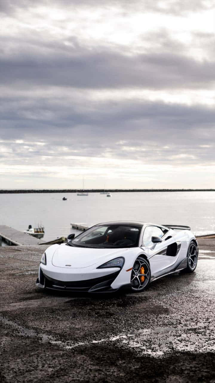 McLaren 600LT, white, wet dock, HD Phone Wallpaper