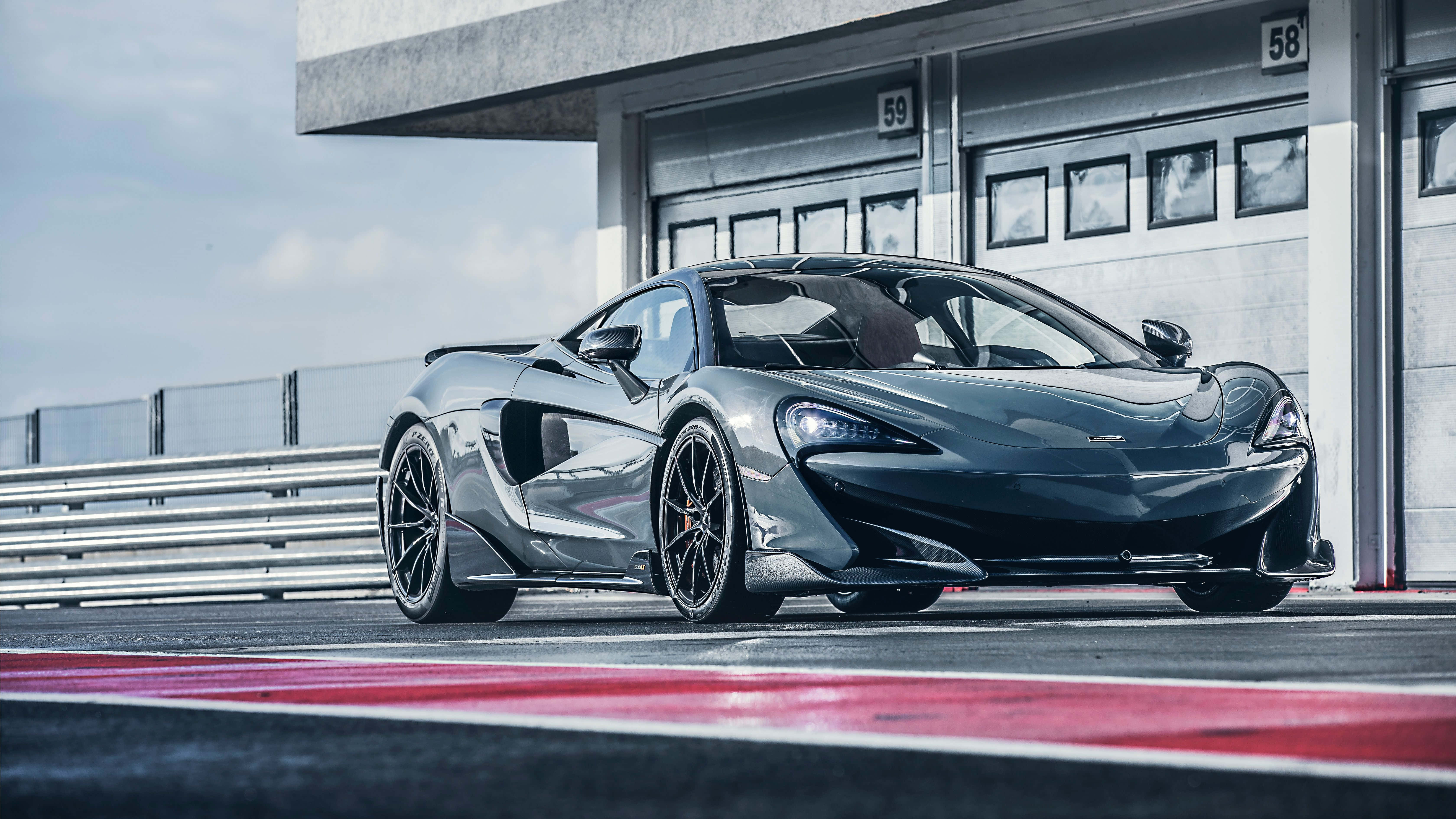 Mclaren 600LT, matte gray, racetrack, 5K Desktop Wallpaper
