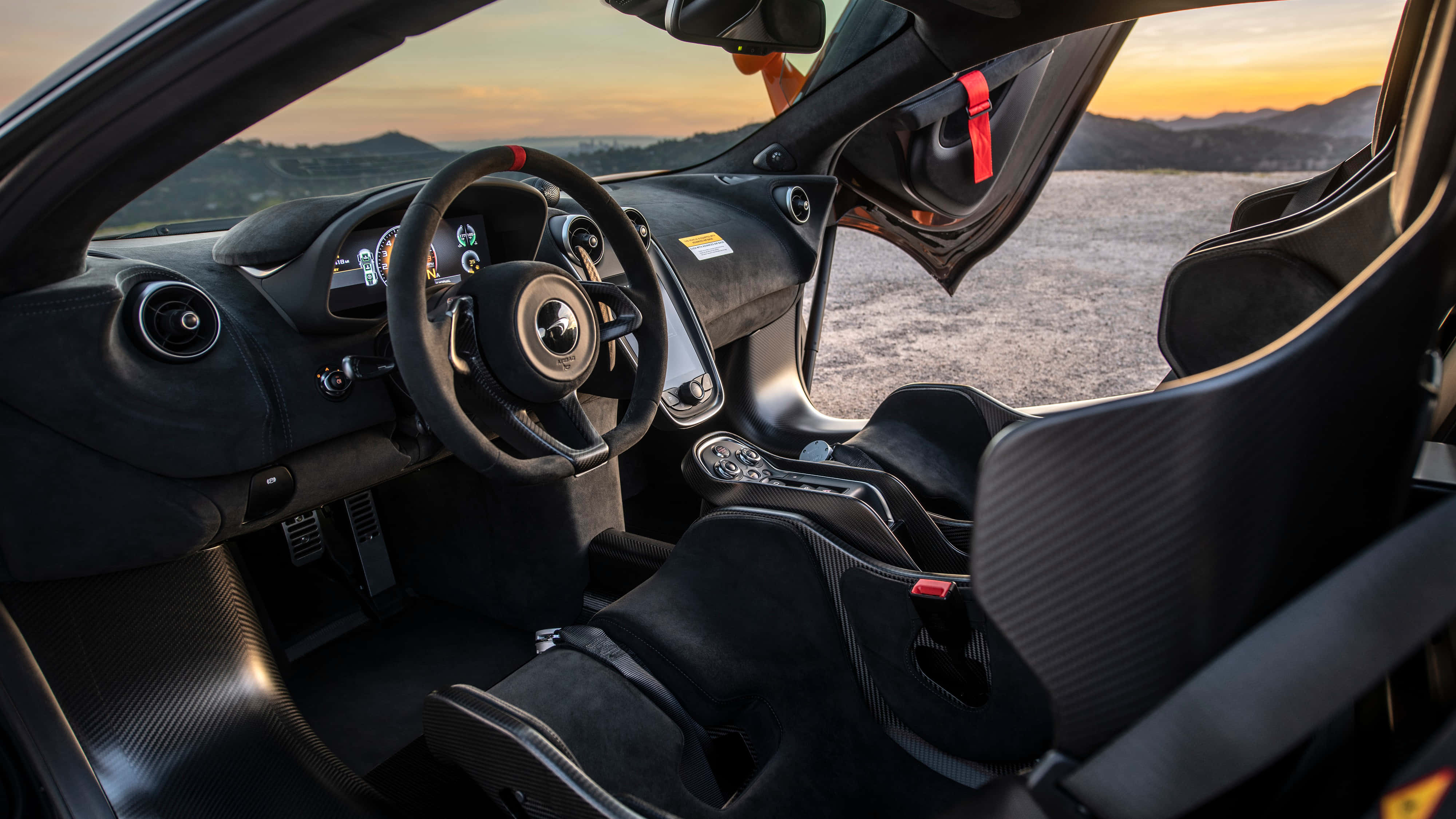McLaren 620R, black sports car, carbon fiber details, 4K Desktop Wallpaper