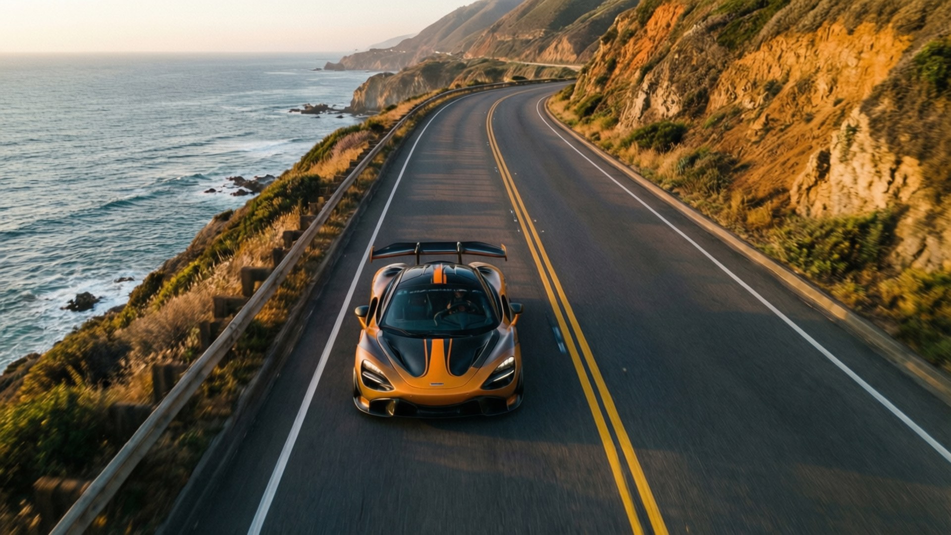 McLaren 620R, coastal road, golden hour, Full HD Desktop Wallpaper