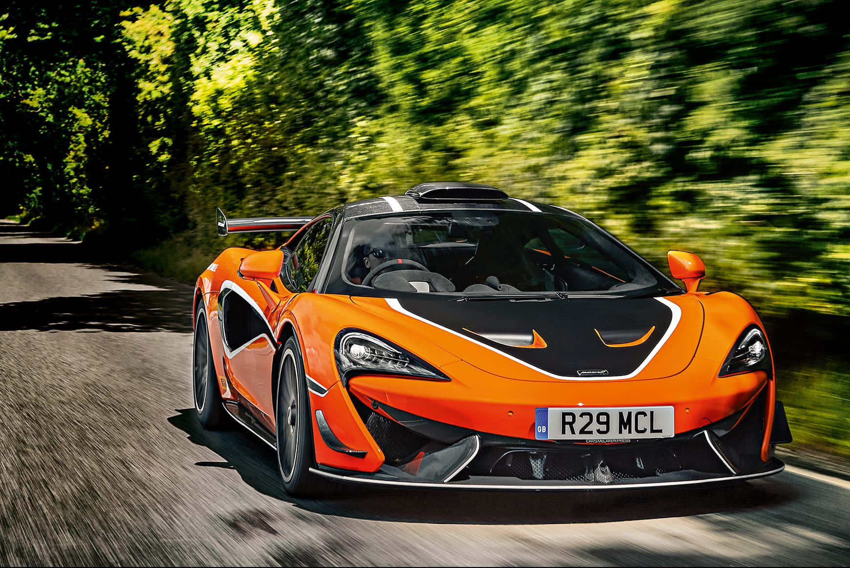 McLaren 620R, vibrant orange, sunlit forest road, HD Desktop Wallpaper