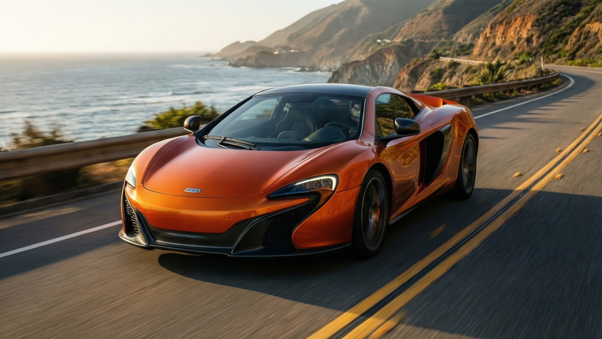 McLaren 650S, coastal highway, sunset, Full HD Desktop Wallpaper