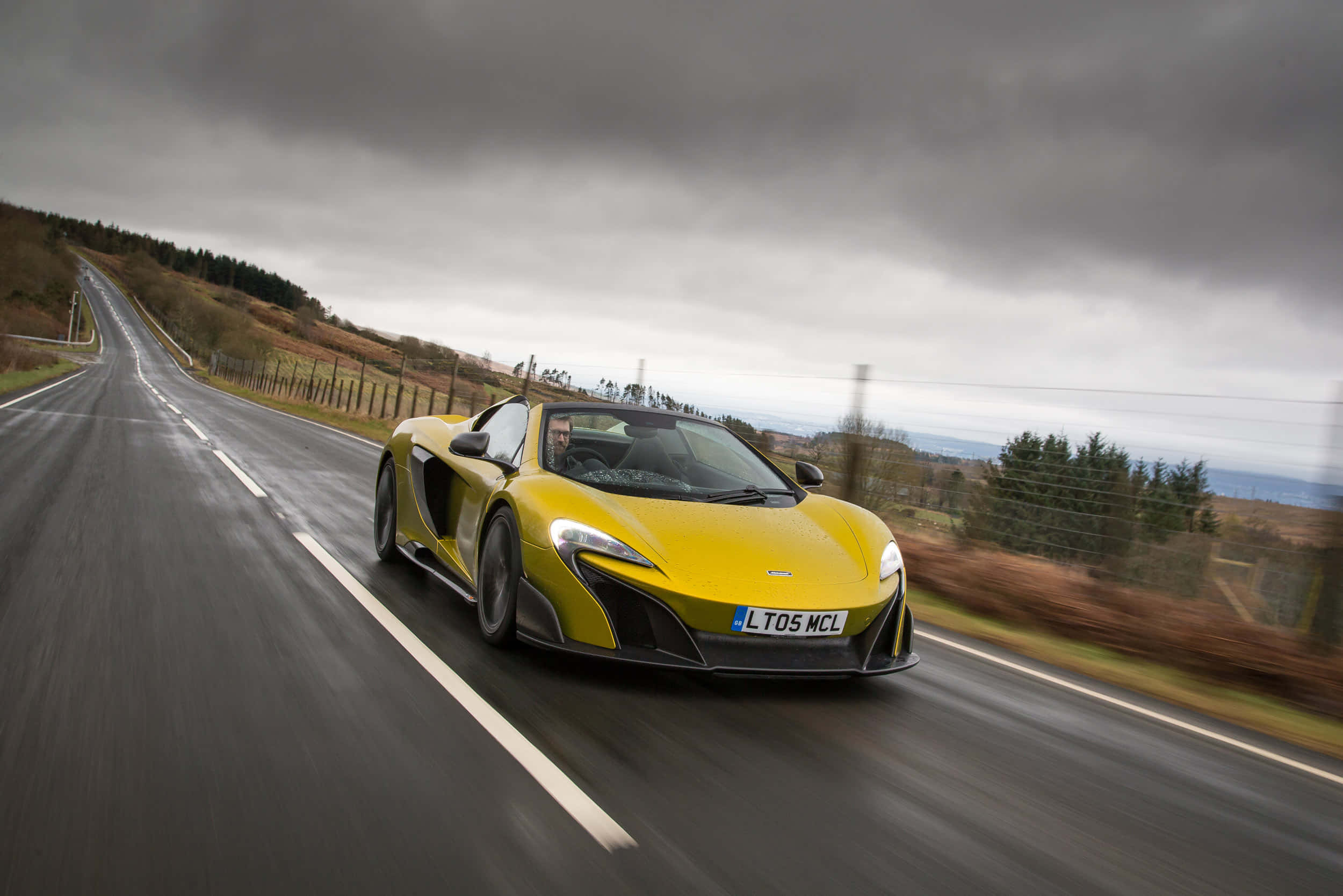 McLaren 675LT Spider, vibrant yellow, wet rural road, Full HD Desktop Wallpaper