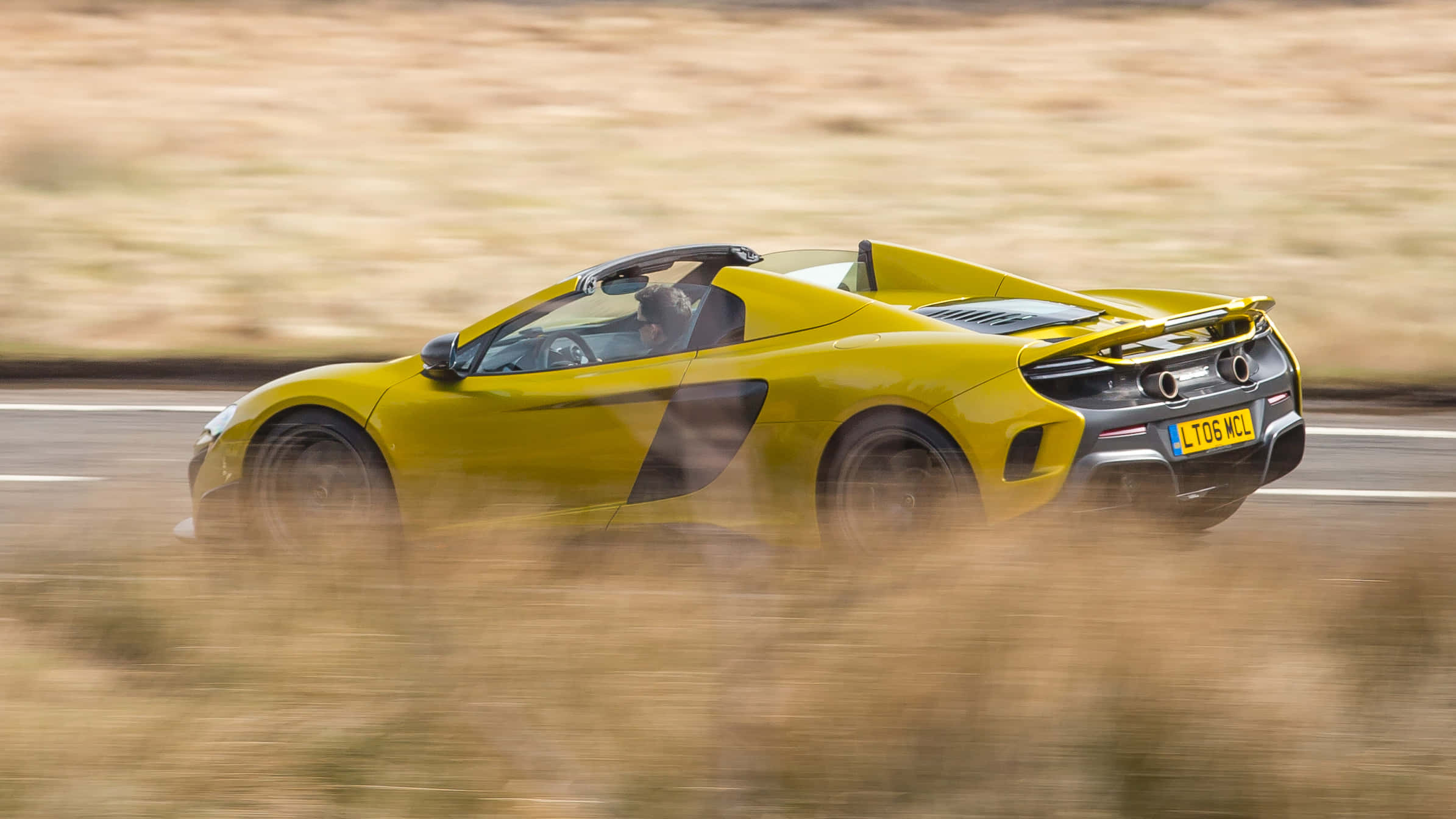 McLaren 675LT Spider, vibrant yellow, roadside, Full HD Desktop Wallpaper