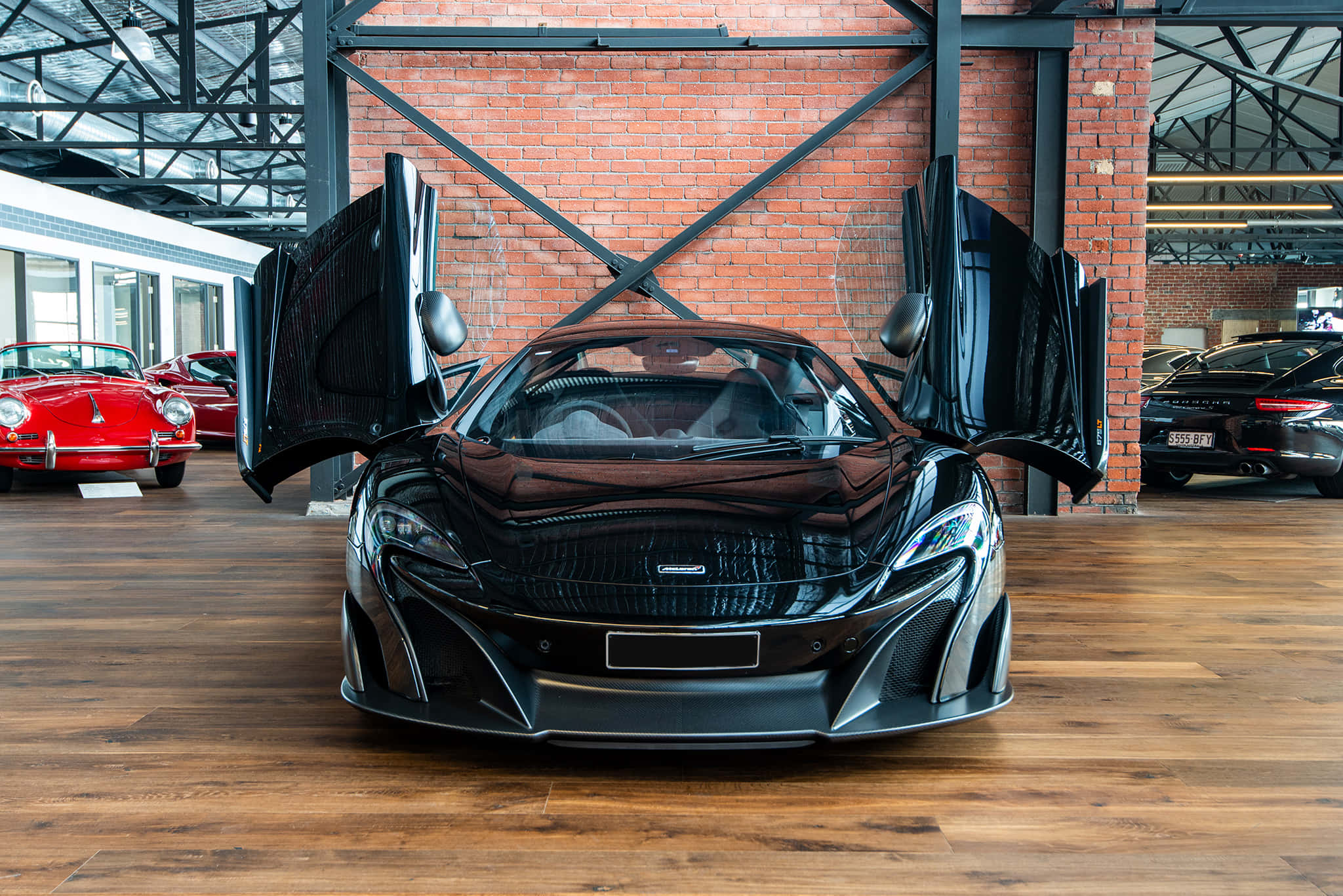 McLaren 675LT Spider, black, gull-wing doors, Full HD Desktop Wallpaper