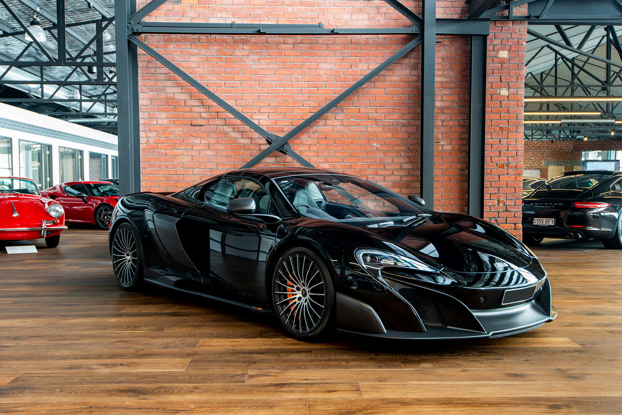 McLaren 675LT Spider, black, brick-walled garage, Full HD Desktop Wallpaper