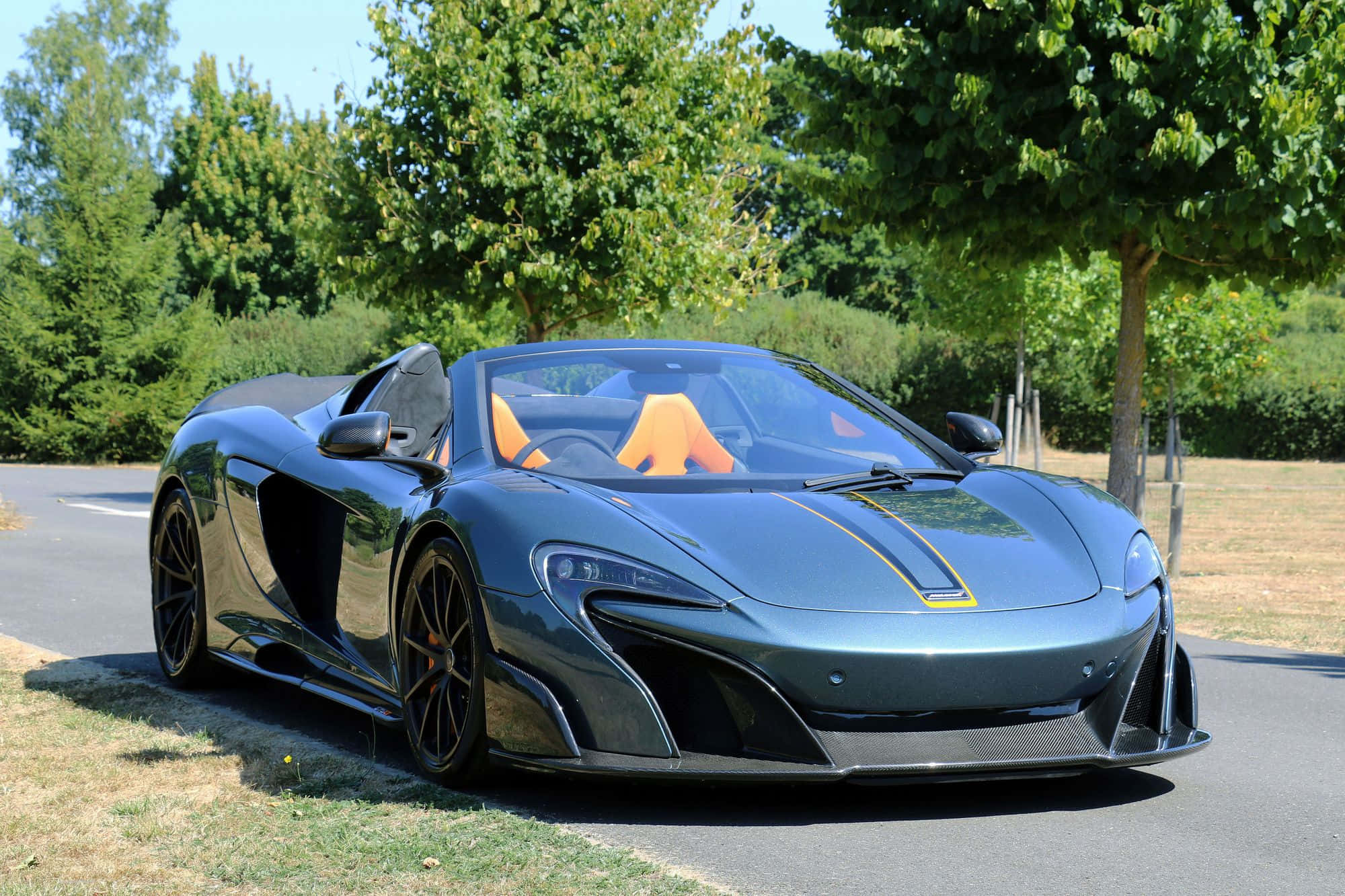 McLaren 675LT Spider, matte gray, orange seats, Full HD Desktop Wallpaper