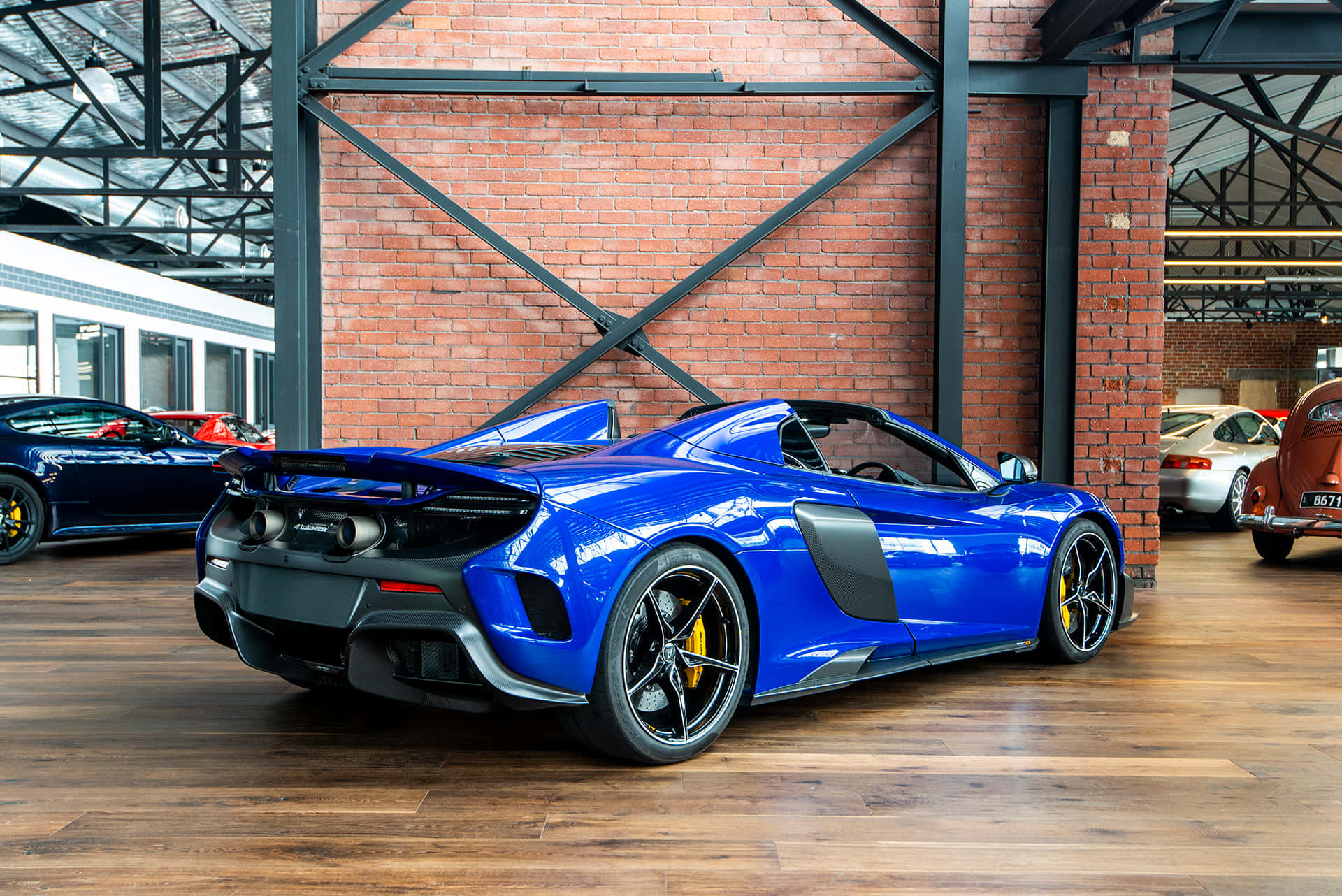 McLaren 675LT Spider, vibrant blue, rustic brick-and-wood garage, Full HD Desktop Wallpaper