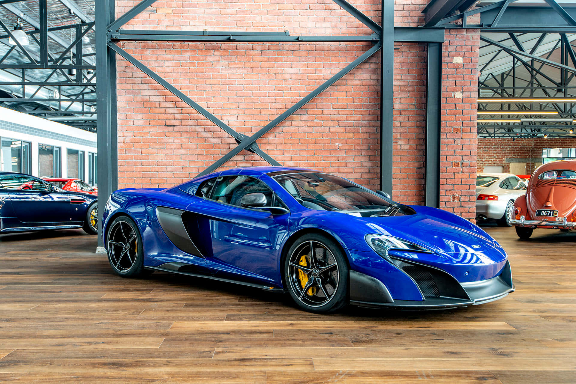 McLaren 675LT Spider, glossy blue, rustic brick-and-steel garage, Full HD Desktop Wallpaper