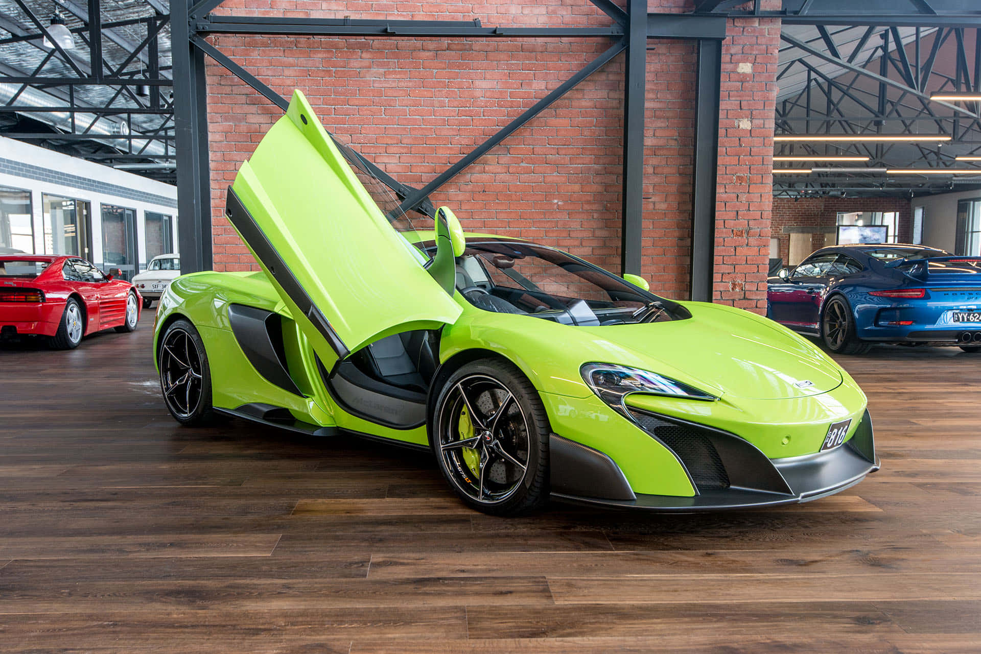McLaren 675LT Spider, lime green, open butterfly doors, Full HD Desktop Wallpaper