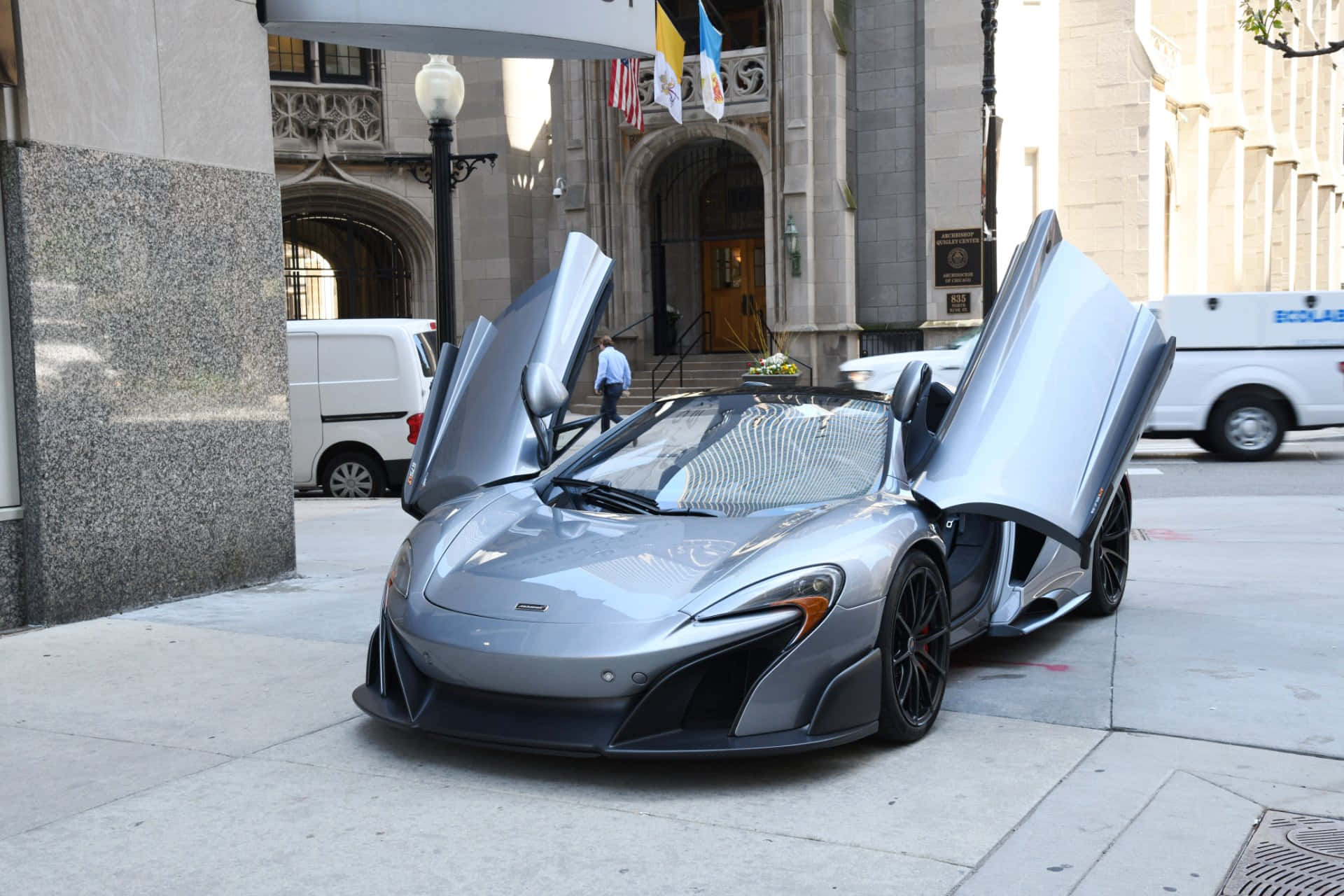 McLaren 675LT Spider, silver, gull-wing doors, Full HD Desktop Wallpaper