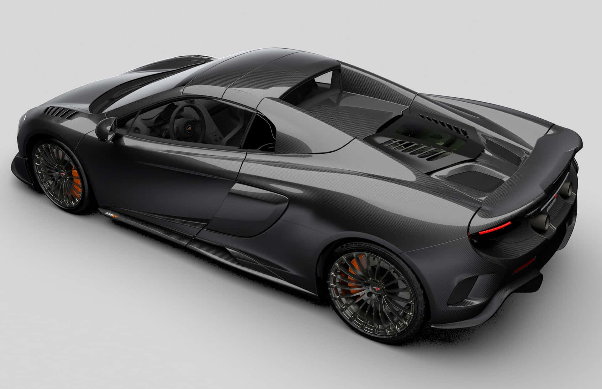 McLaren 675LT Spider, matte black, orange brake calipers, Full HD Desktop Wallpaper