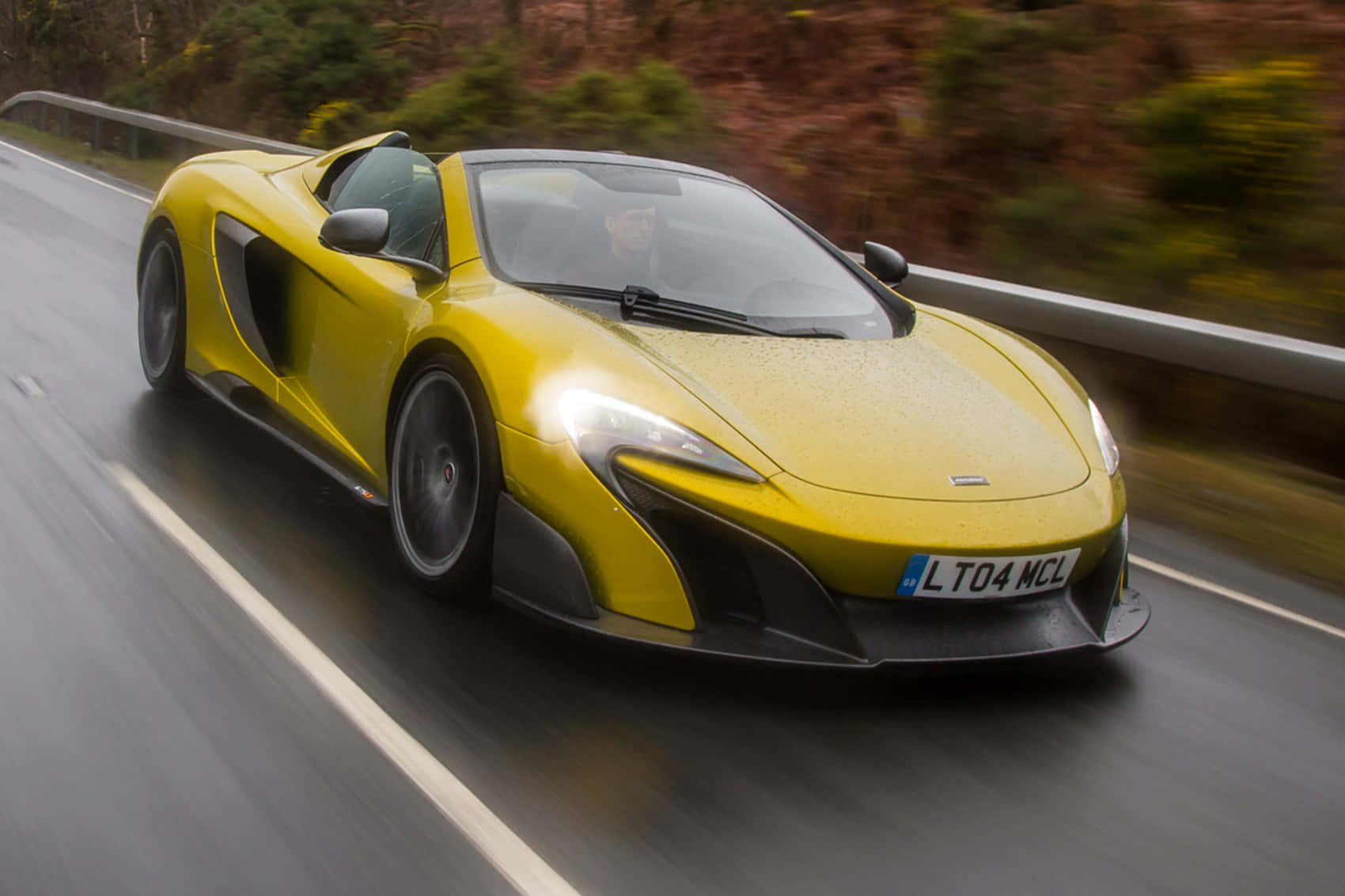 McLaren 675LT Spider, vibrant yellow, wet road, HD Desktop Wallpaper