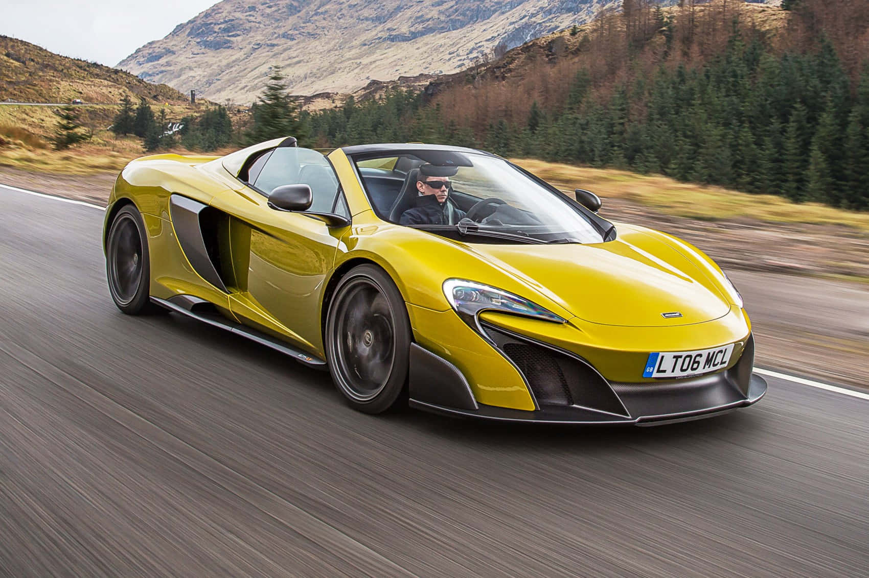 McLaren 675LT Spider, vibrant yellow, winding mountain road, HD Desktop Wallpaper