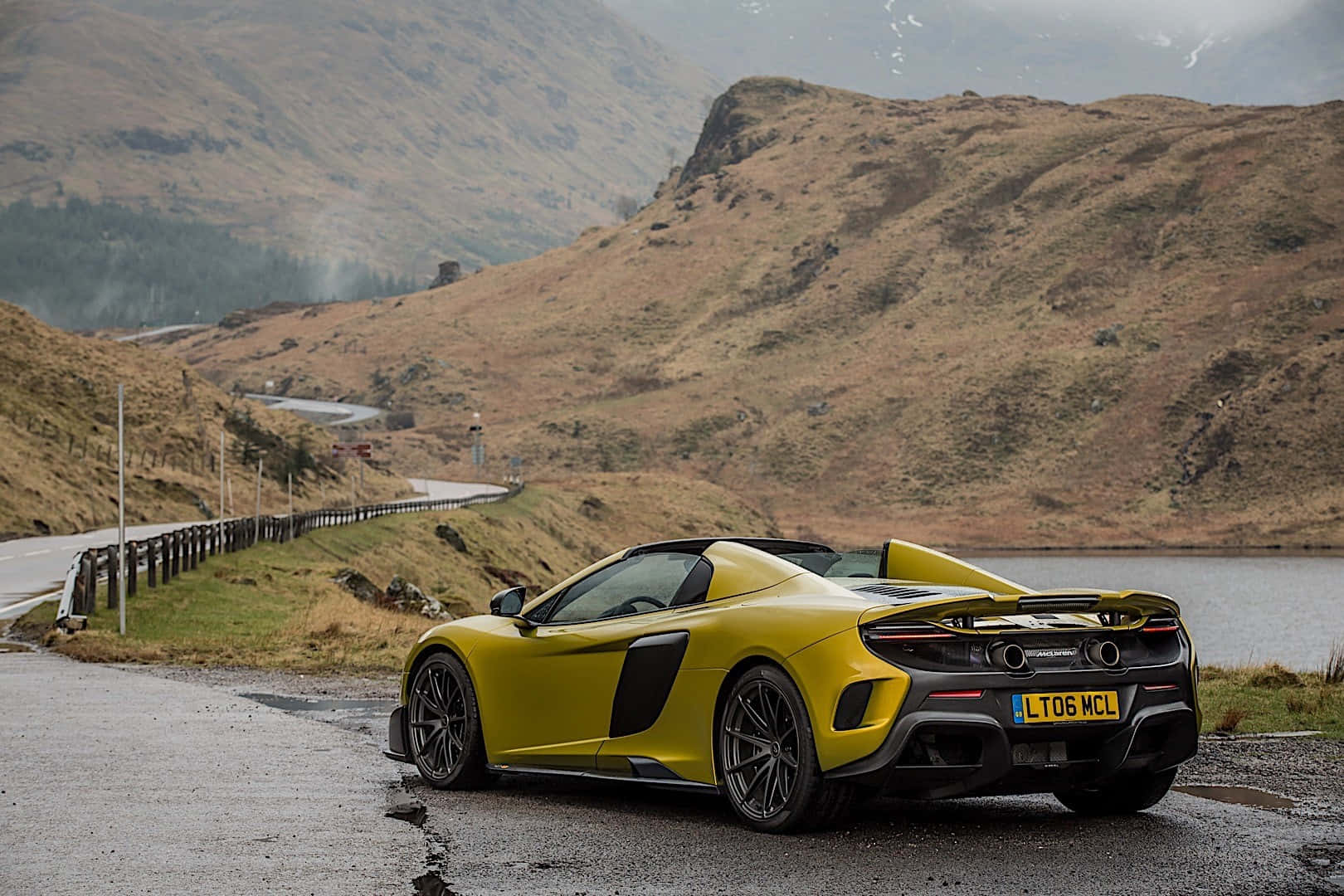 McLaren 675LT Spider, vibrant yellow, wet roadside, HD Desktop Wallpaper