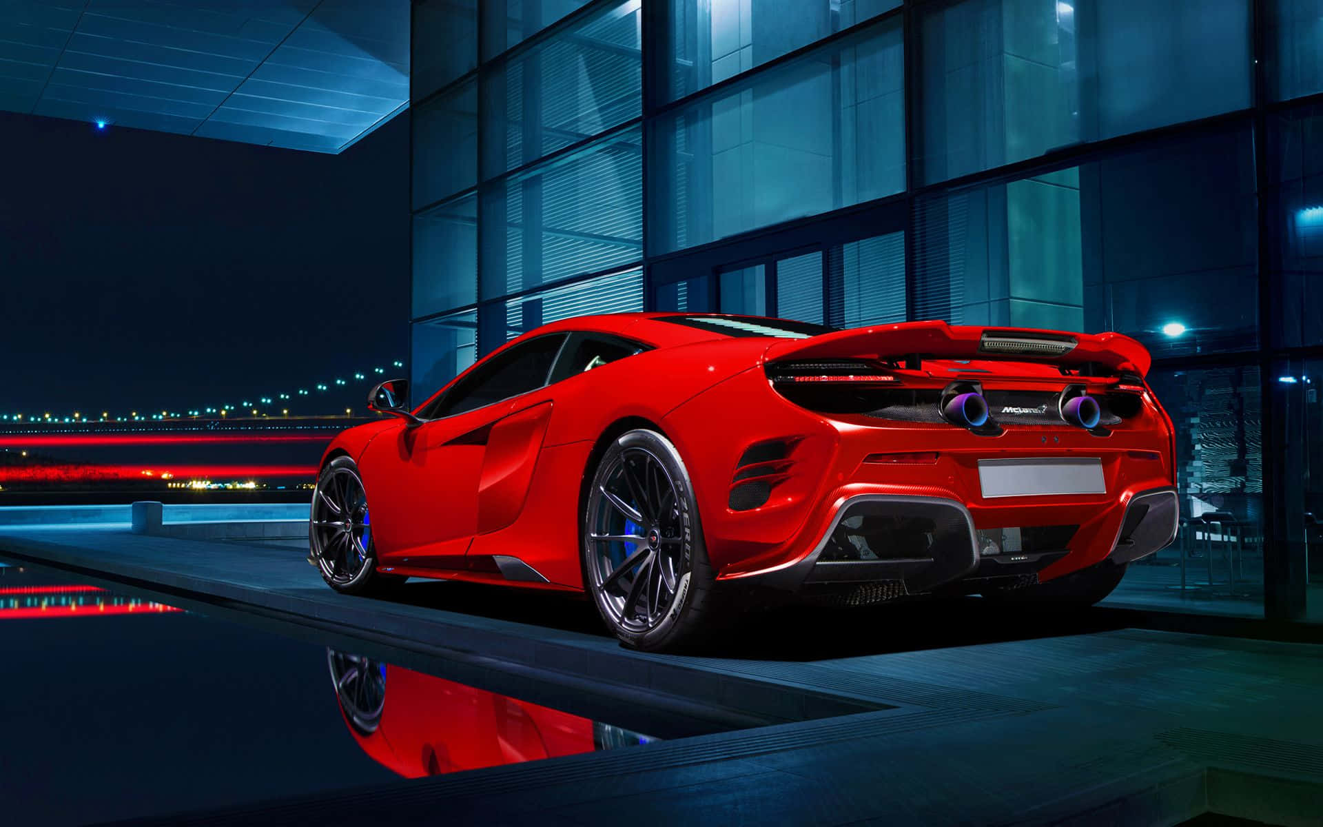 McLaren 675LT, vibrant red, night lights, Full HD Desktop Wallpaper