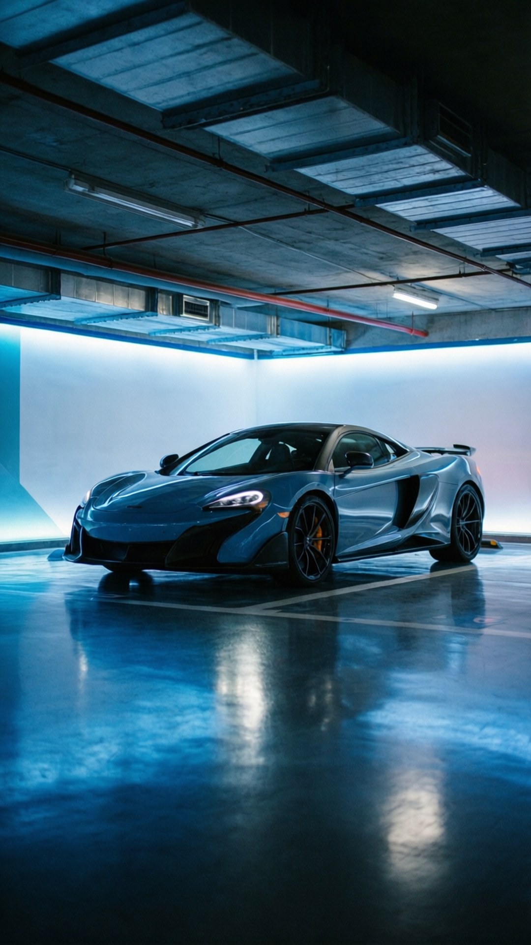 McLaren 675LT, futuristic garage, sleek, Full HD Phone Wallpaper