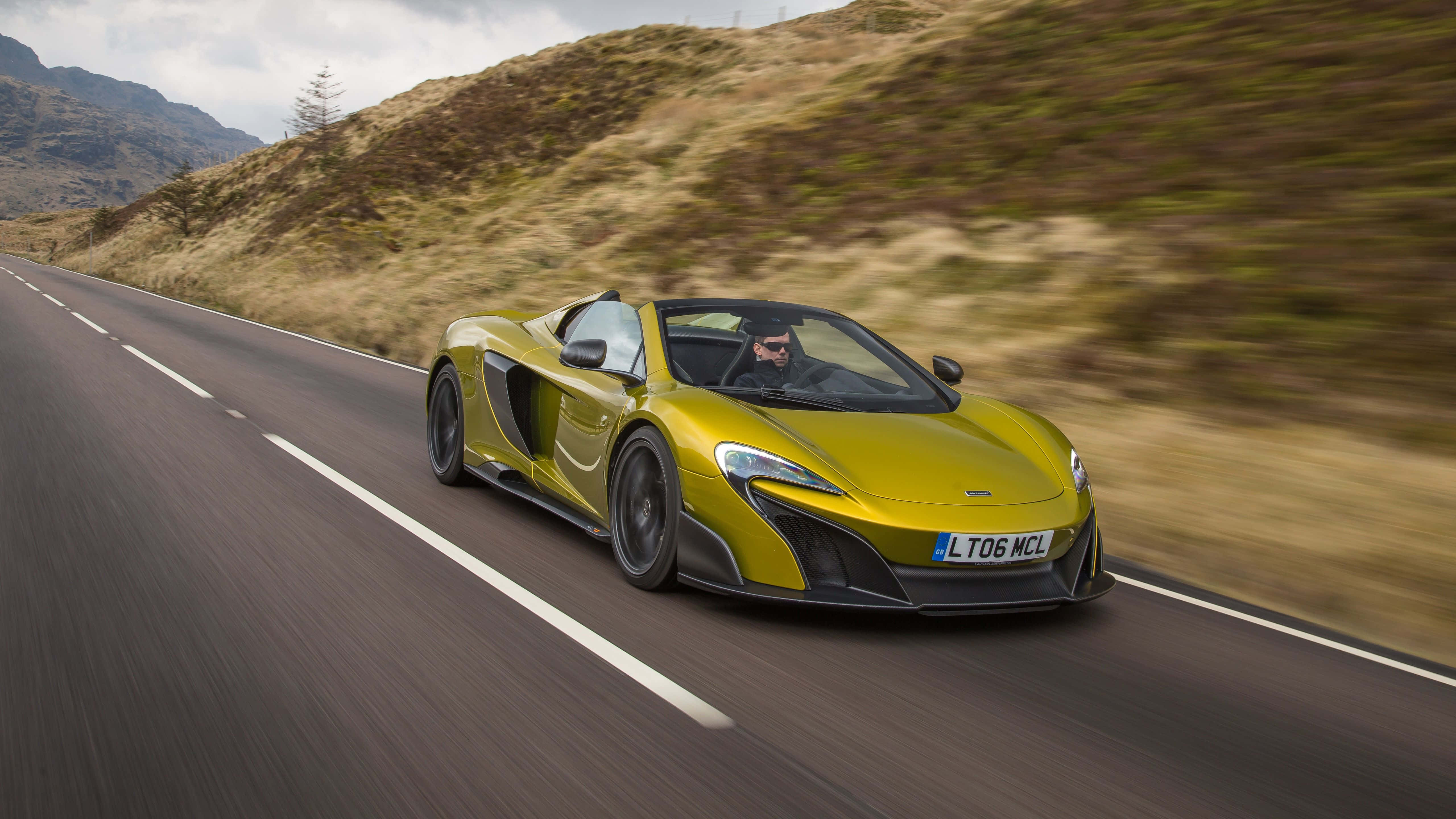 McLaren 675LT, vibrant yellow, winding mountain road, 5K Desktop Wallpaper
