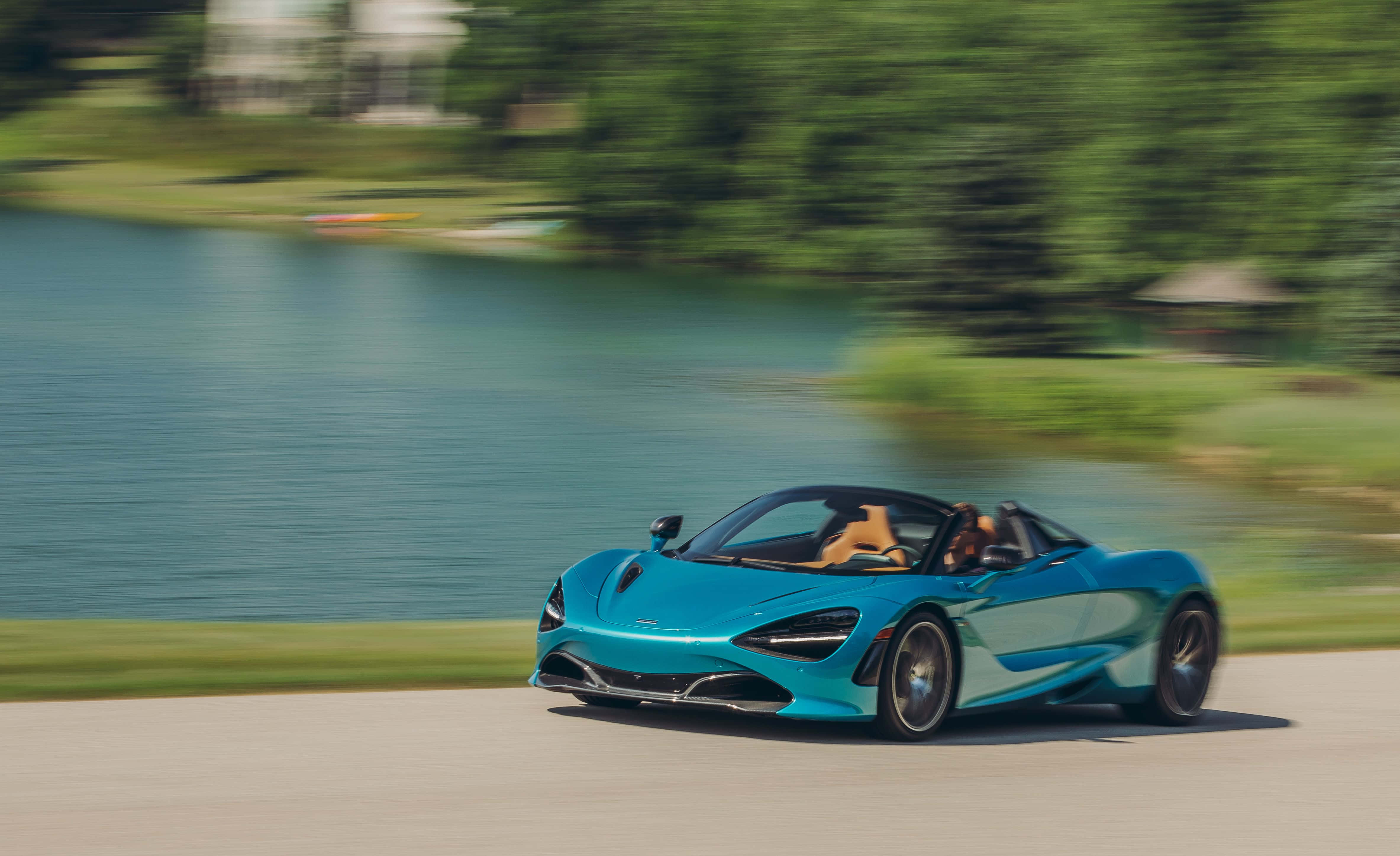 McLaren 720S Spider, turquoise, lakeside road, 4K Desktop Wallpaper