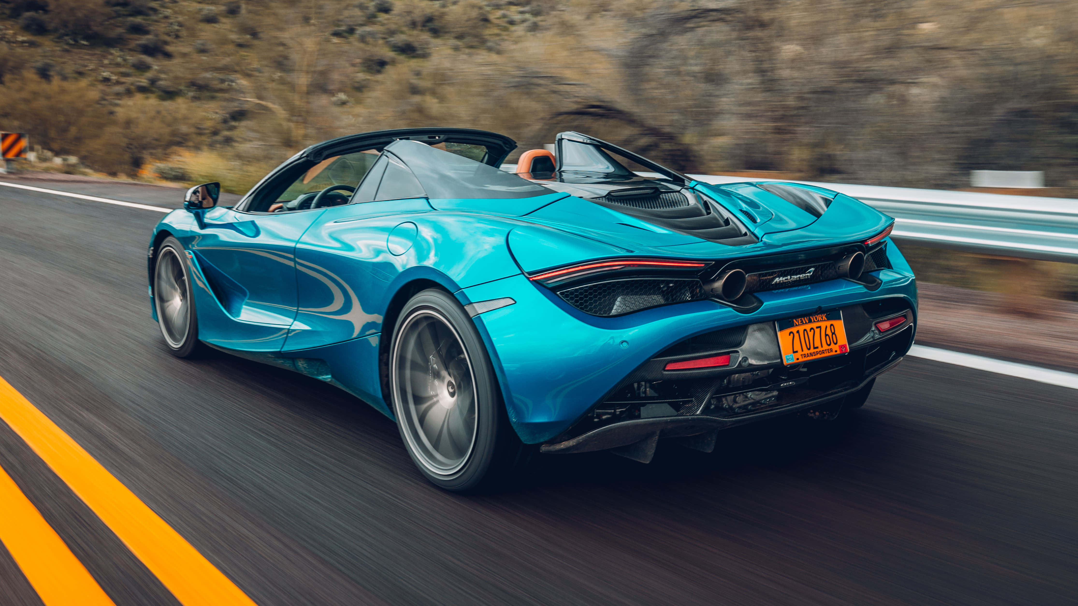 McLaren 720S Spider, vibrant turquoise, winding mountain road, 4K Desktop Wallpaper