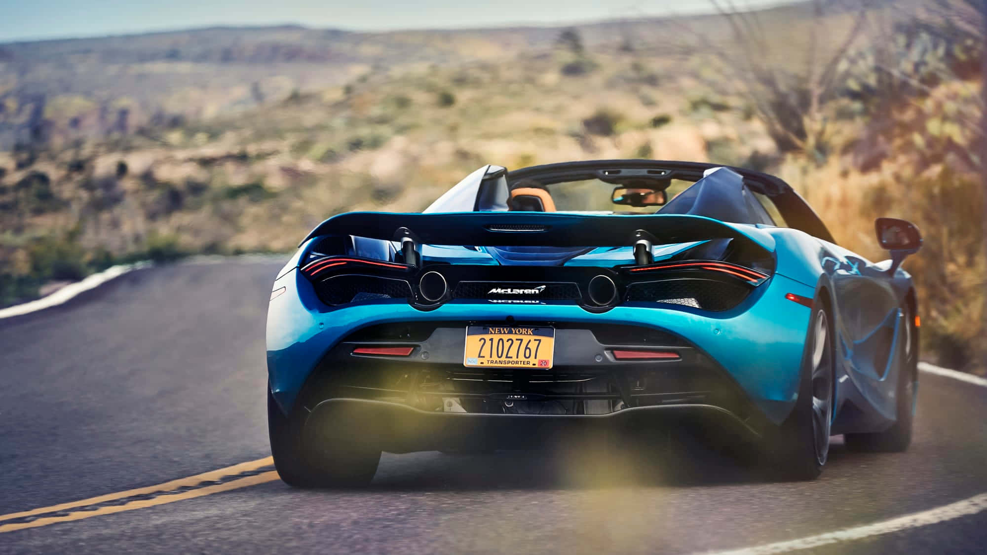 McLaren 720S Spider, vibrant blue, winding desert road, Full HD Desktop Wallpaper