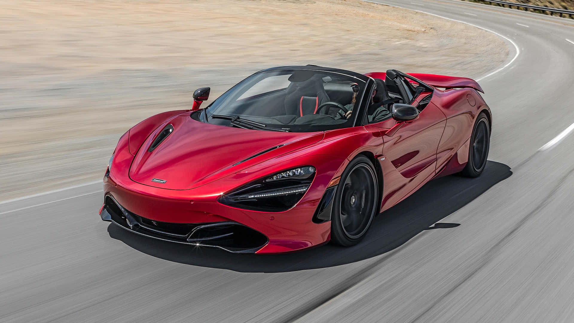 McLaren 720S Spider, vibrant red, curving desert highway, Full HD Desktop Wallpaper
