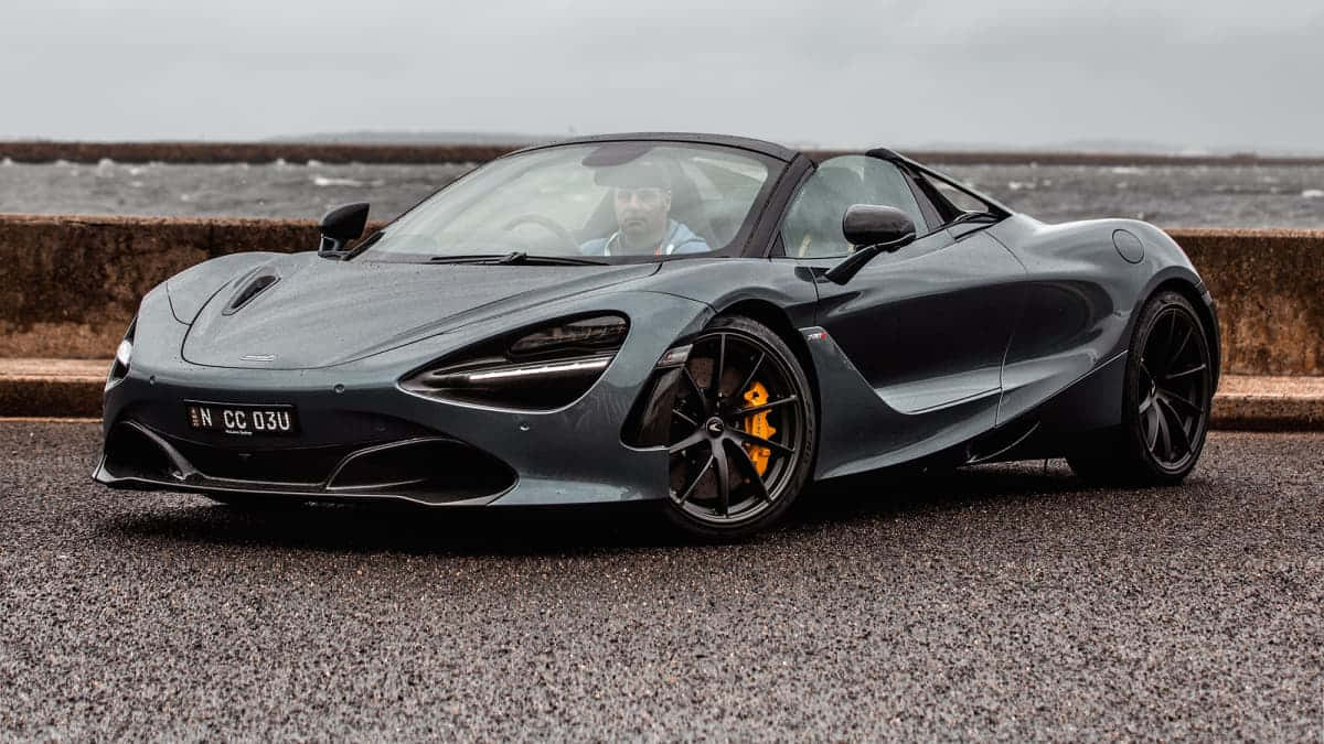 McLaren 720S Spider, matte gray, wet coastal road, SD Desktop Wallpaper