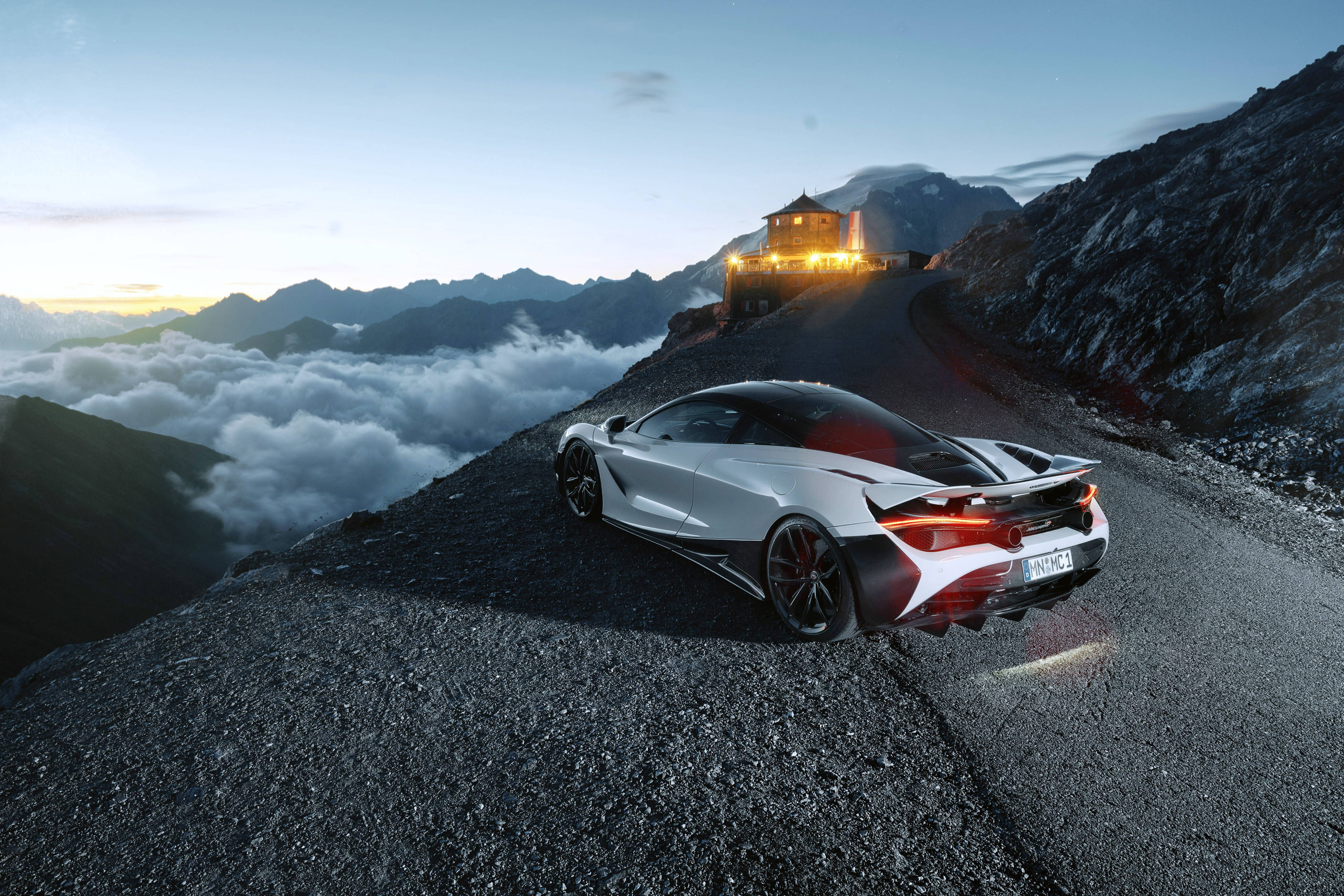 McLaren 720s, white sports car, mountain road, 4K Desktop Wallpaper