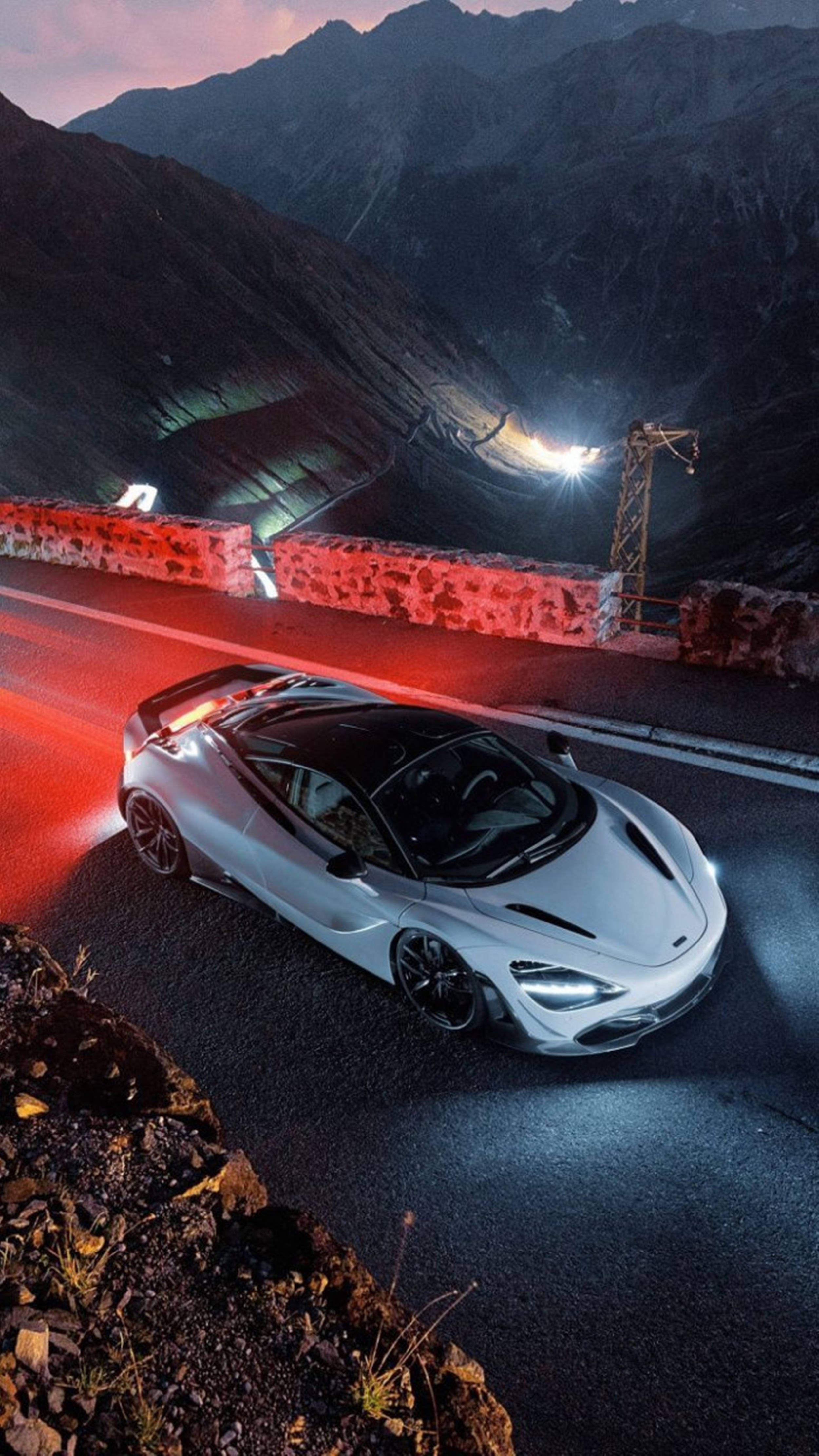 Mclaren 720s, silver, winding mountain road, 4K Phone Wallpaper