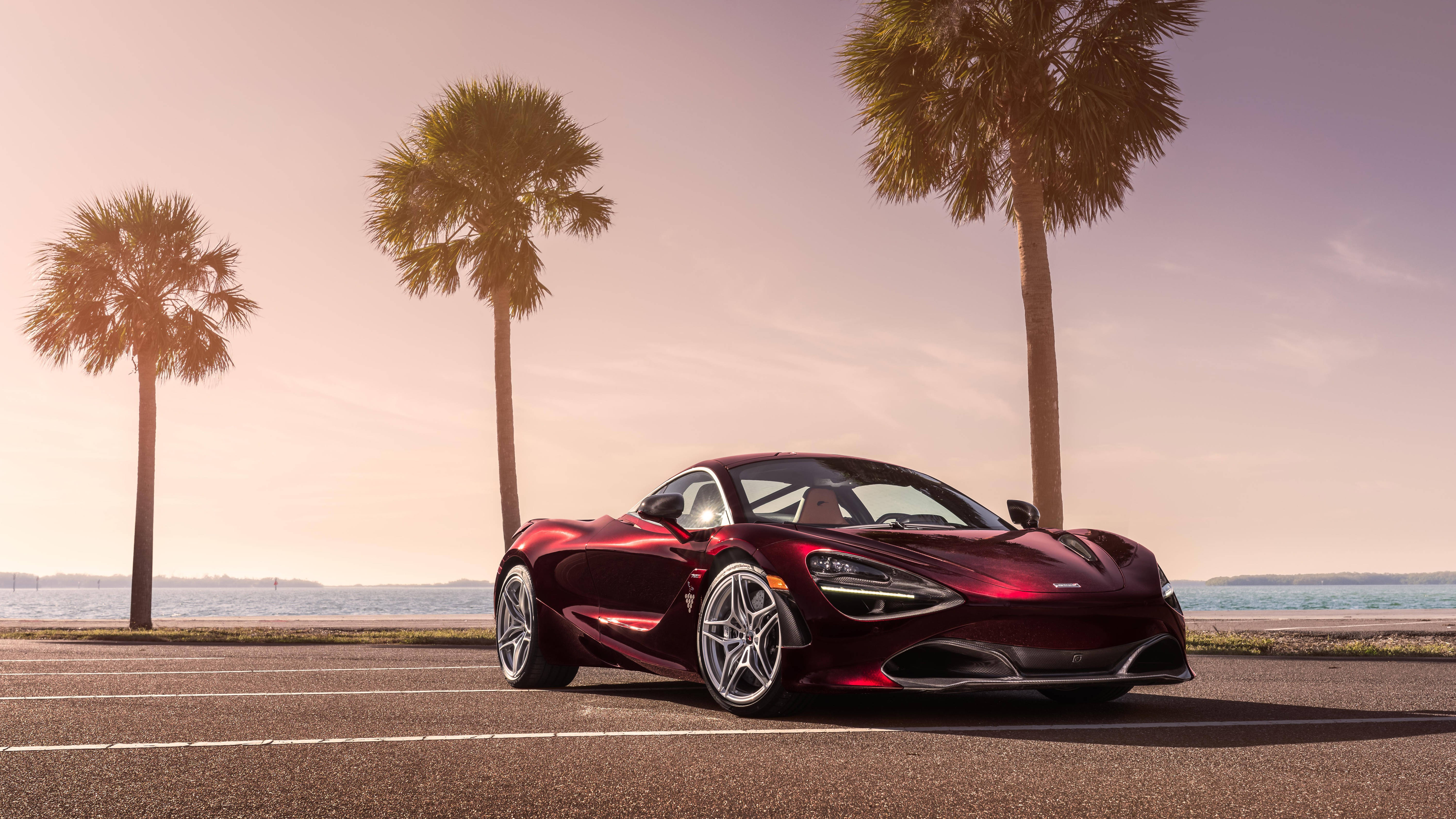 McLaren 720S, maroon, coastal road, 5K Desktop Wallpaper