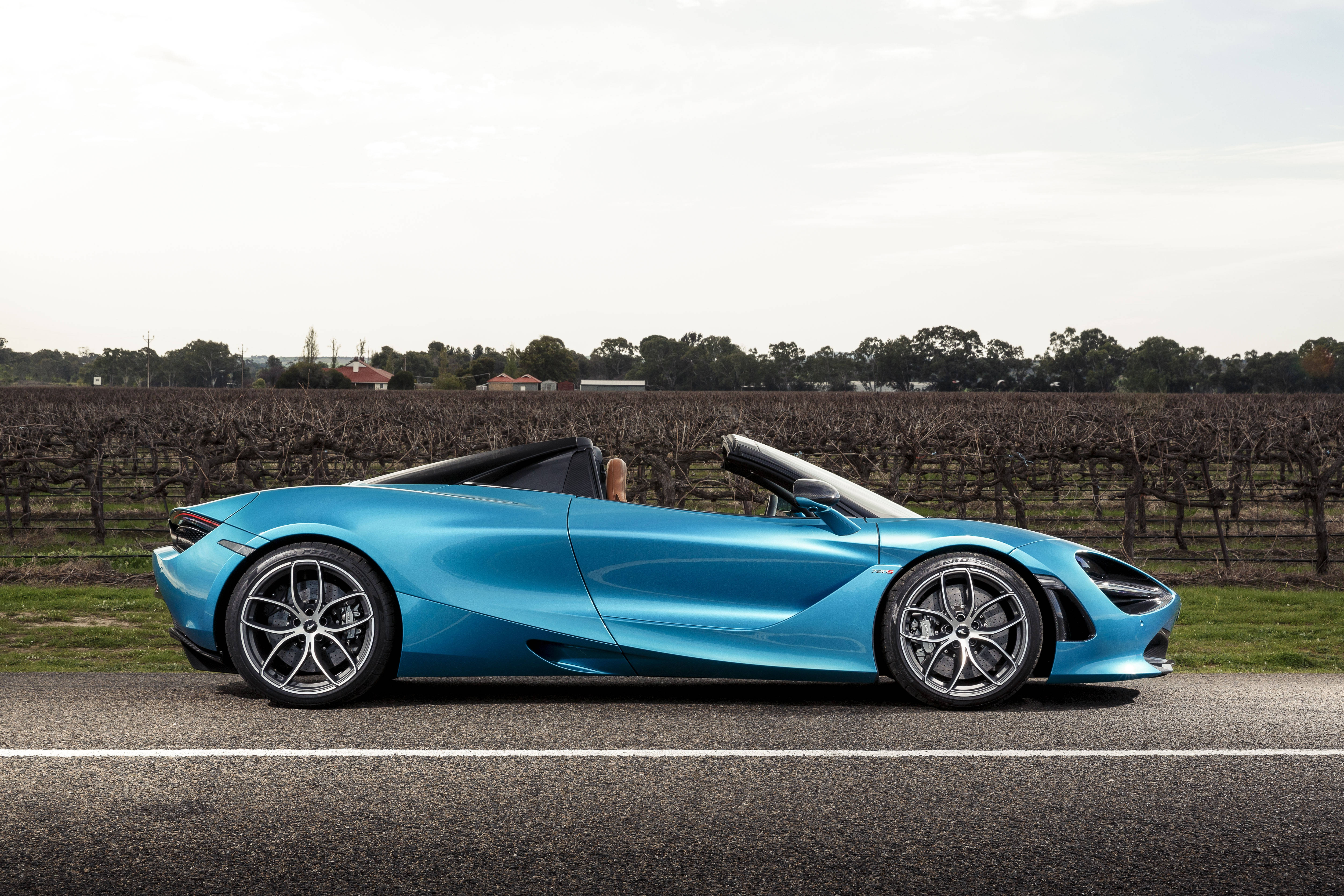 blue McLaren 720s, convertible, rural road, 5K Desktop Wallpaper