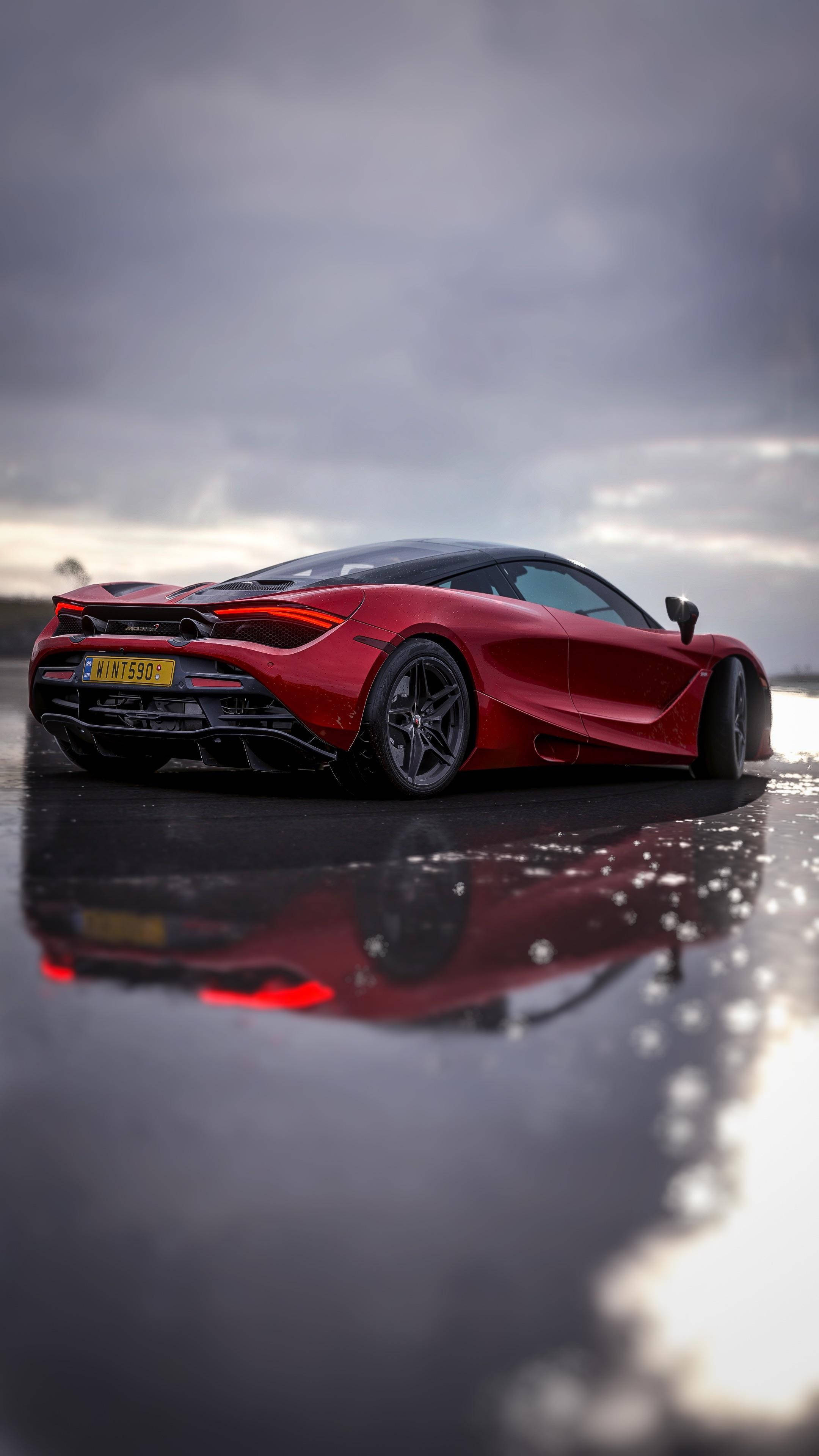 McLaren 720S, red car, wet road, 4K Phone Wallpaper