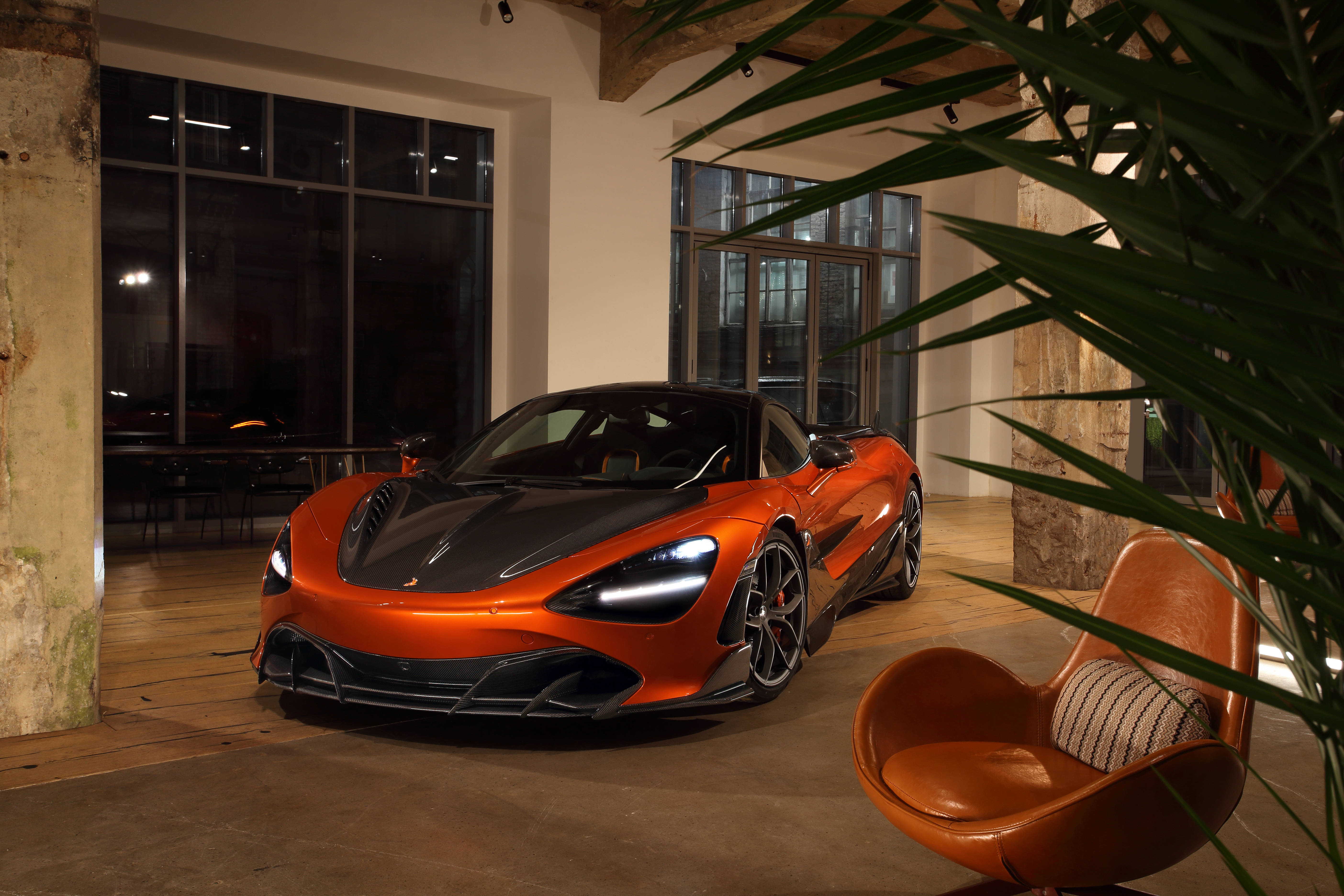 McLaren 720s, orange, leather chair, 5K Desktop Wallpaper