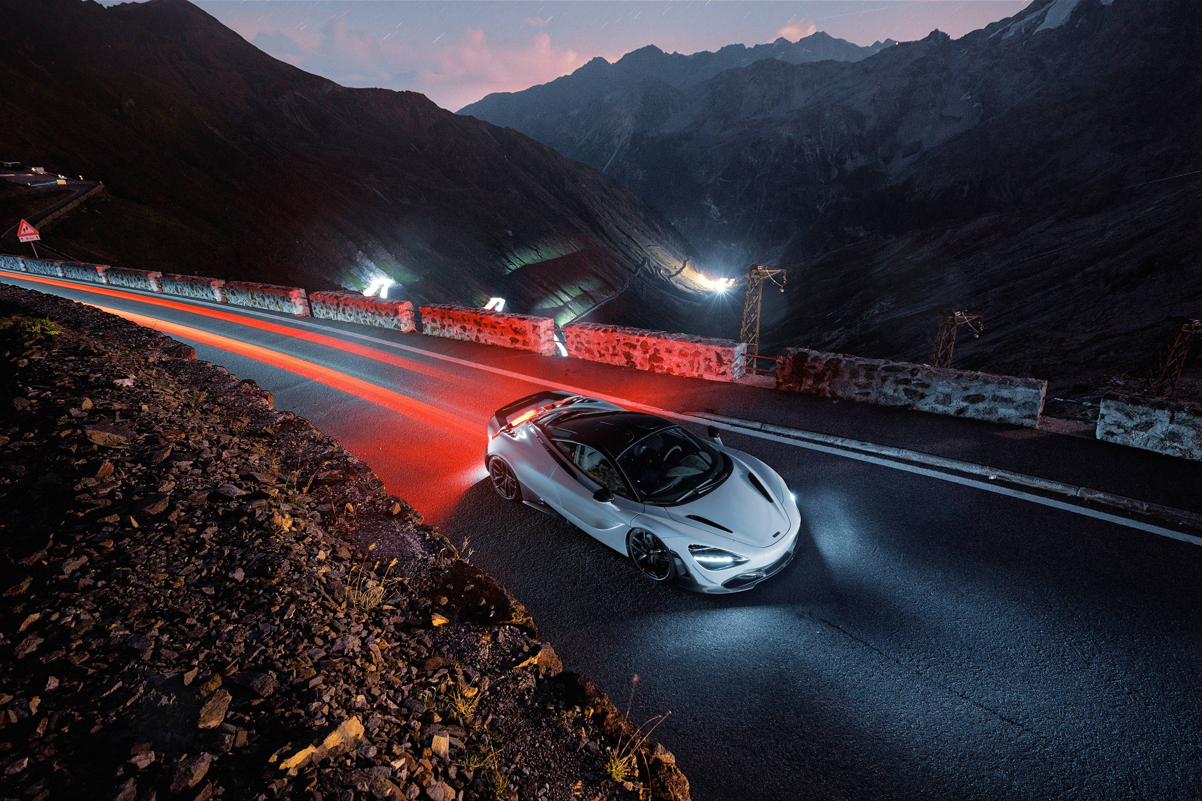 McLaren 720s, white night, mountain road, 4K Desktop Wallpaper