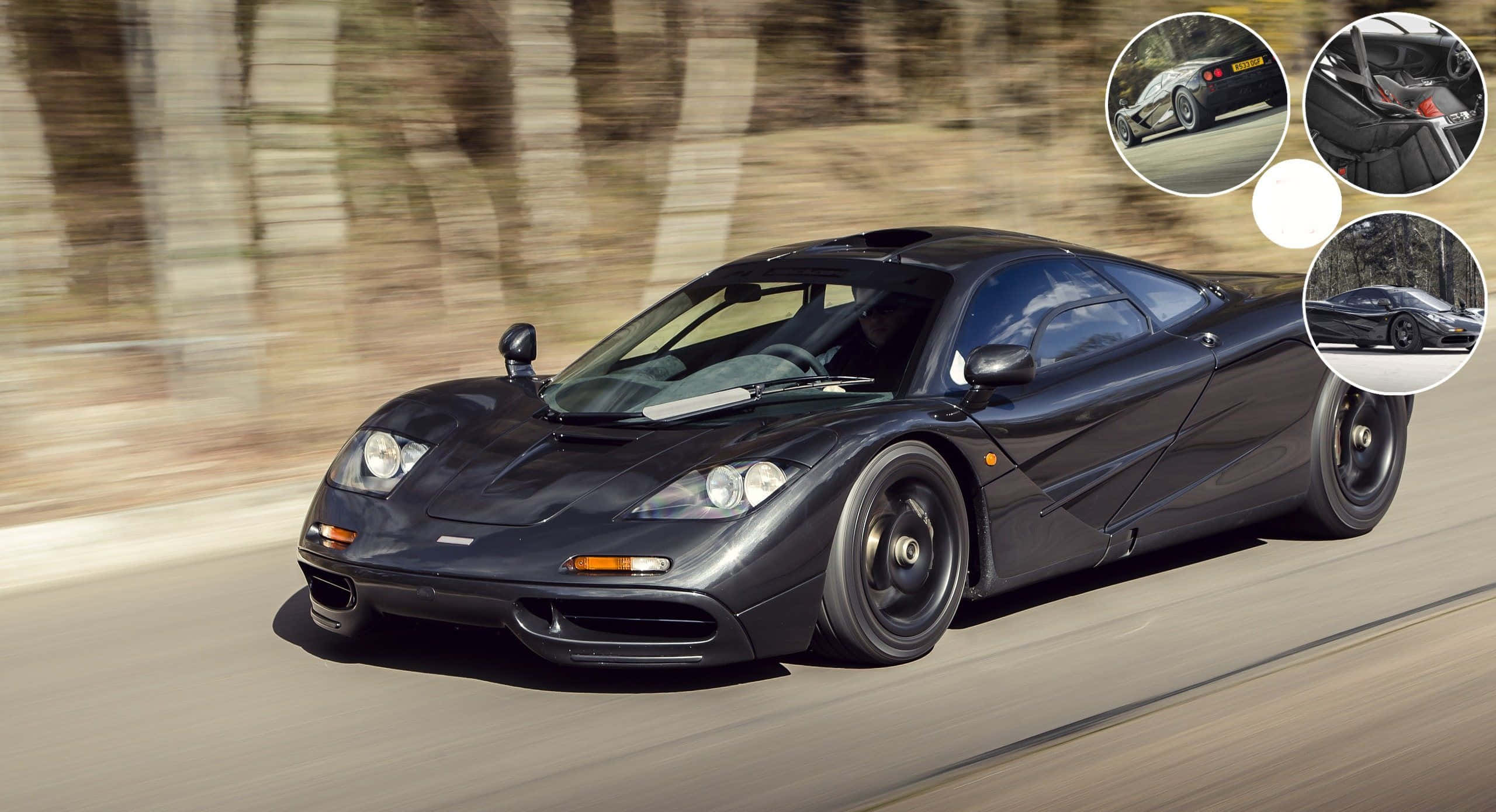 McLaren F1, black, sunlit forest road, 2K Desktop Wallpaper