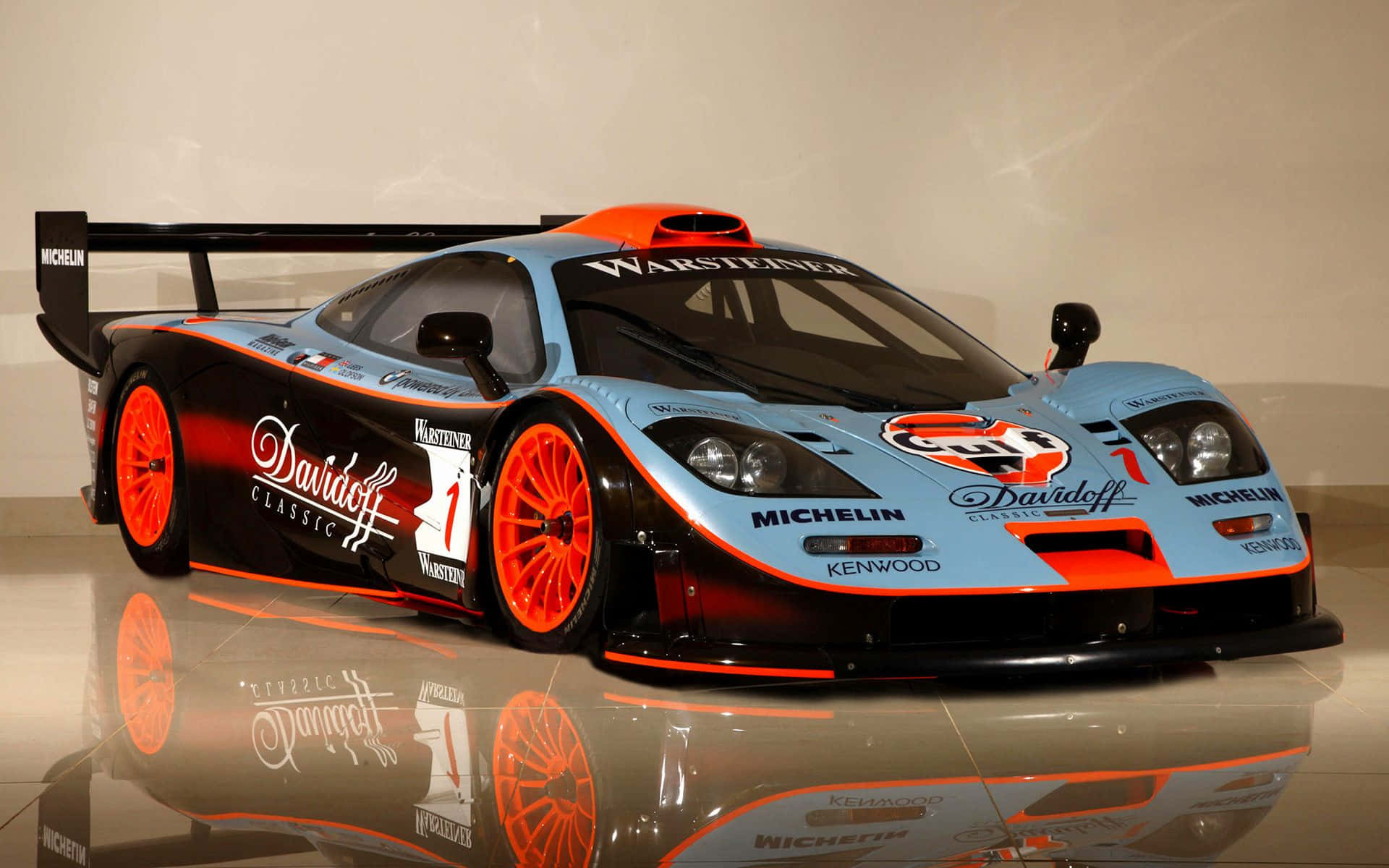 McLaren F1, orange wheels, blue black livery, Full HD Desktop Wallpaper