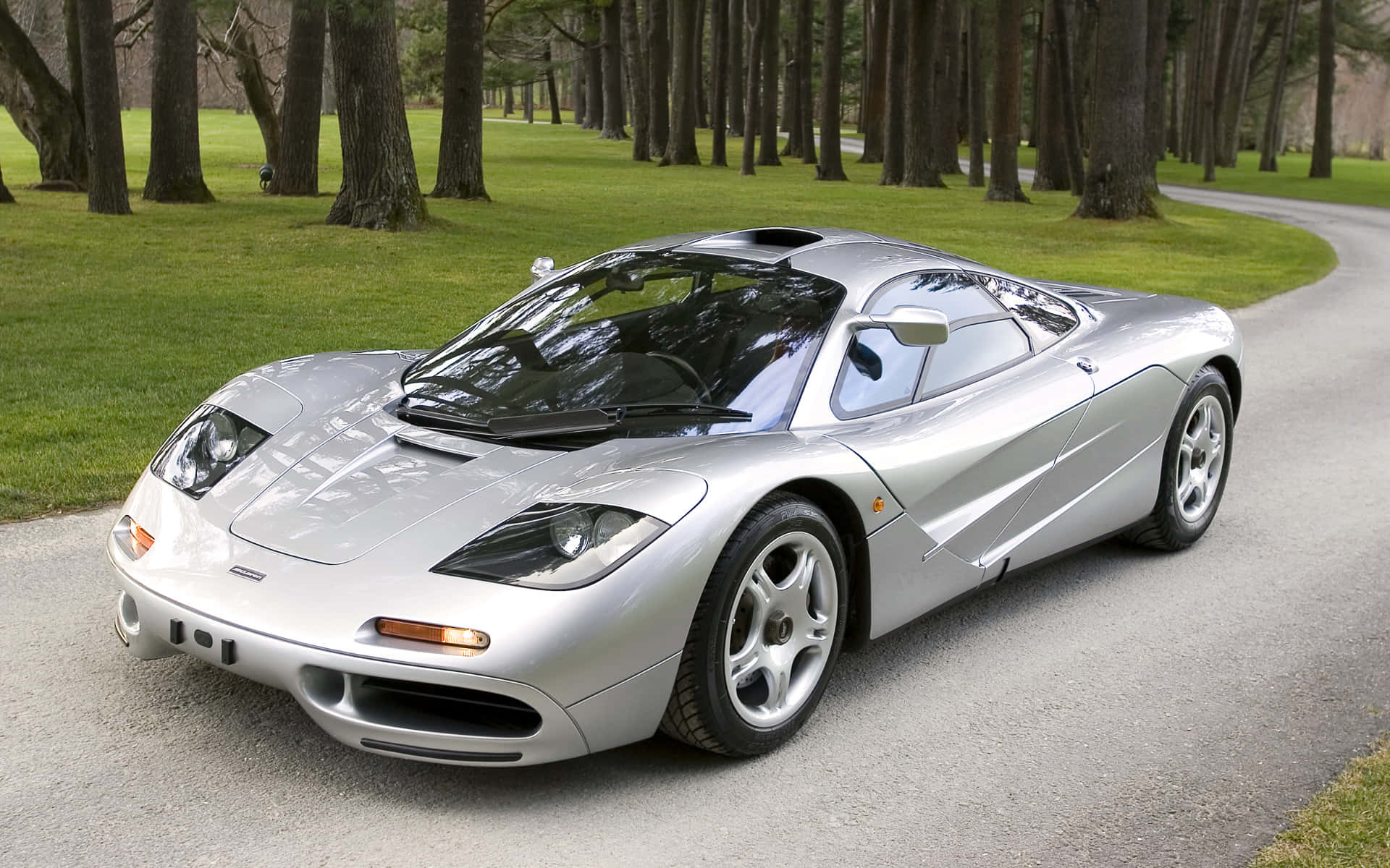 McLaren F1, silver, mountain backdrop, Full HD Desktop Wallpaper