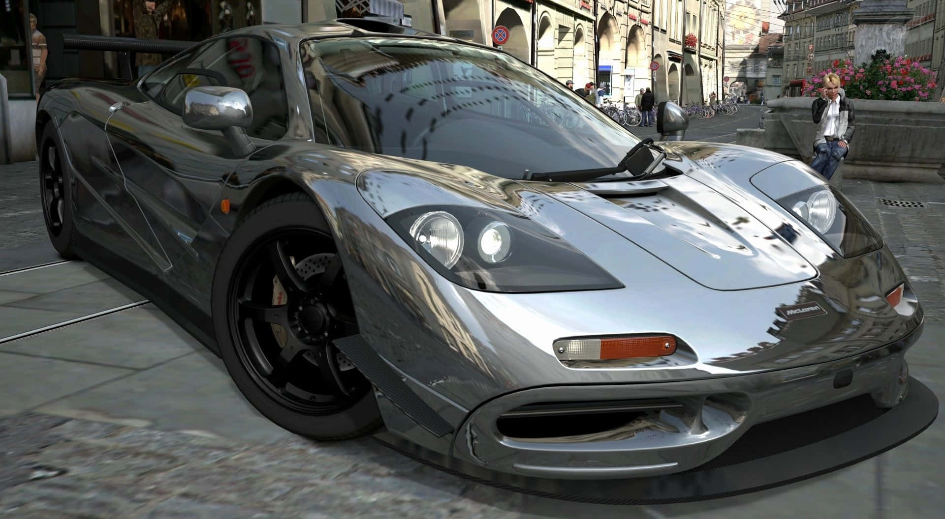 McLaren F1, silver, cobblestone European street, Full HD Desktop Wallpaper
